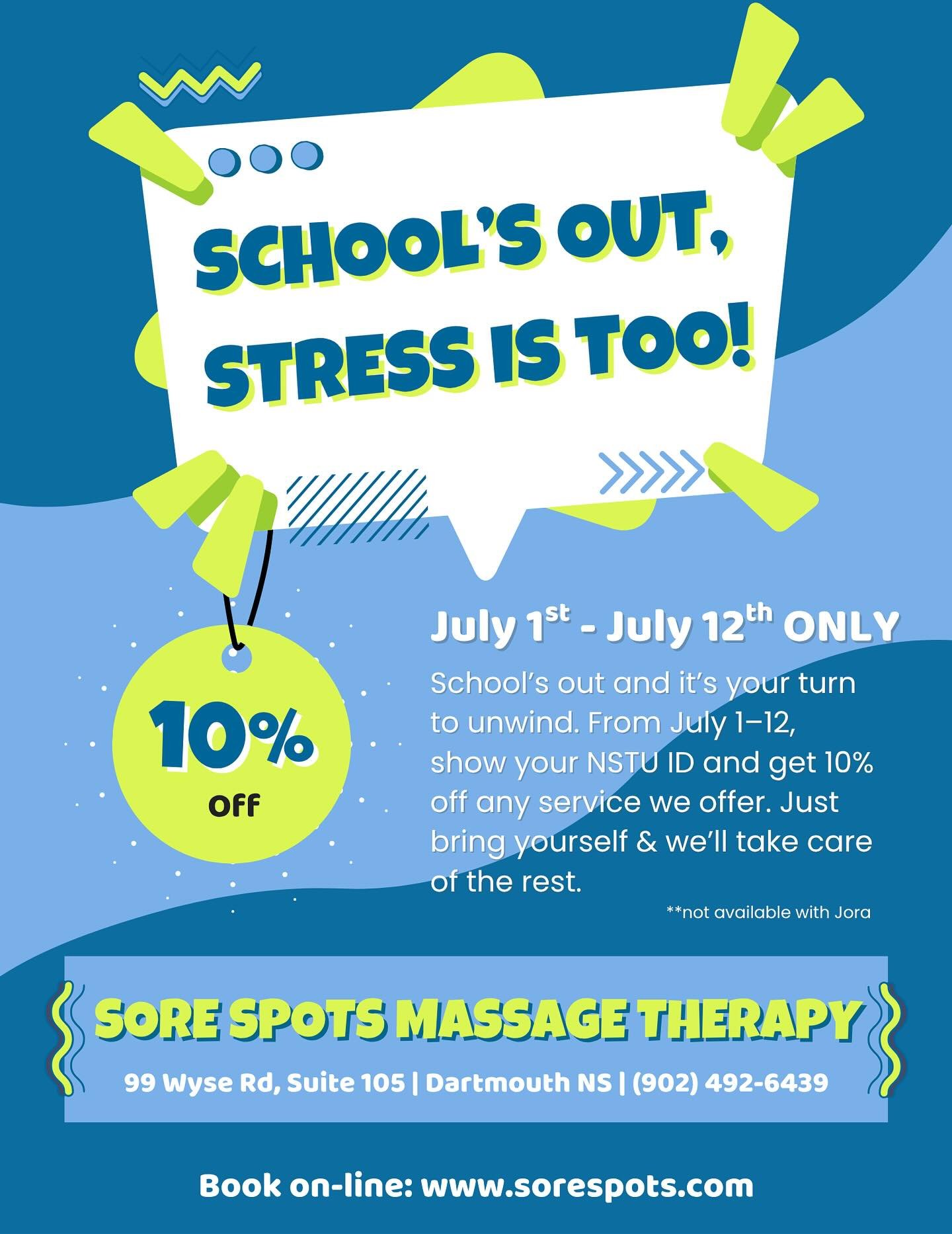 Hey Teachers, Admin &amp; other NTSU Members...School&rsquo;s out for the summer and so is your stress! 🧑🏻&zwj;🏫🍎🎓✏️

From July 1st - 12th, show us your NTSU ID and get 10% off any service at Sore Spots!

Book online with the therapist of your c