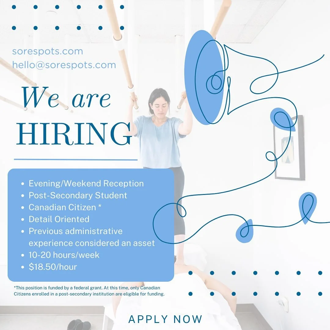 Sore Spots Clinic is hiring a part-time receptionist to support our evening and weekend operations! 

If you're a Canadian post-secondary student studying in science or tech, we'd love to hear from you!

Your tasks will include client greetings, paym