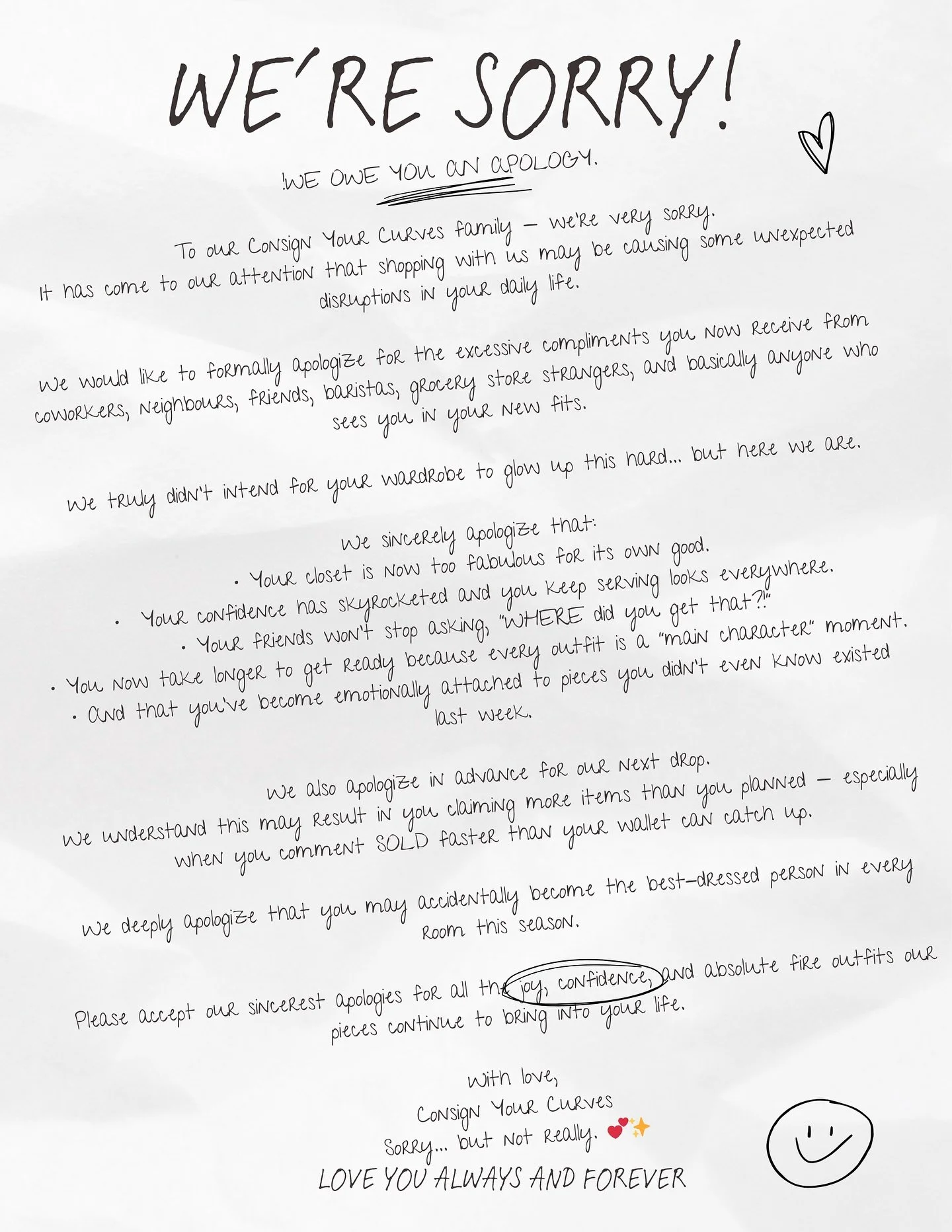 We owe you an apology&hellip; 

and a whole lot of cute outfits. 😉💗

#ConsignYourCurves #GuelphShop #DowntownGuelph #Guelph #PlusSize #Consignment #PreLoved #Style #Fashion