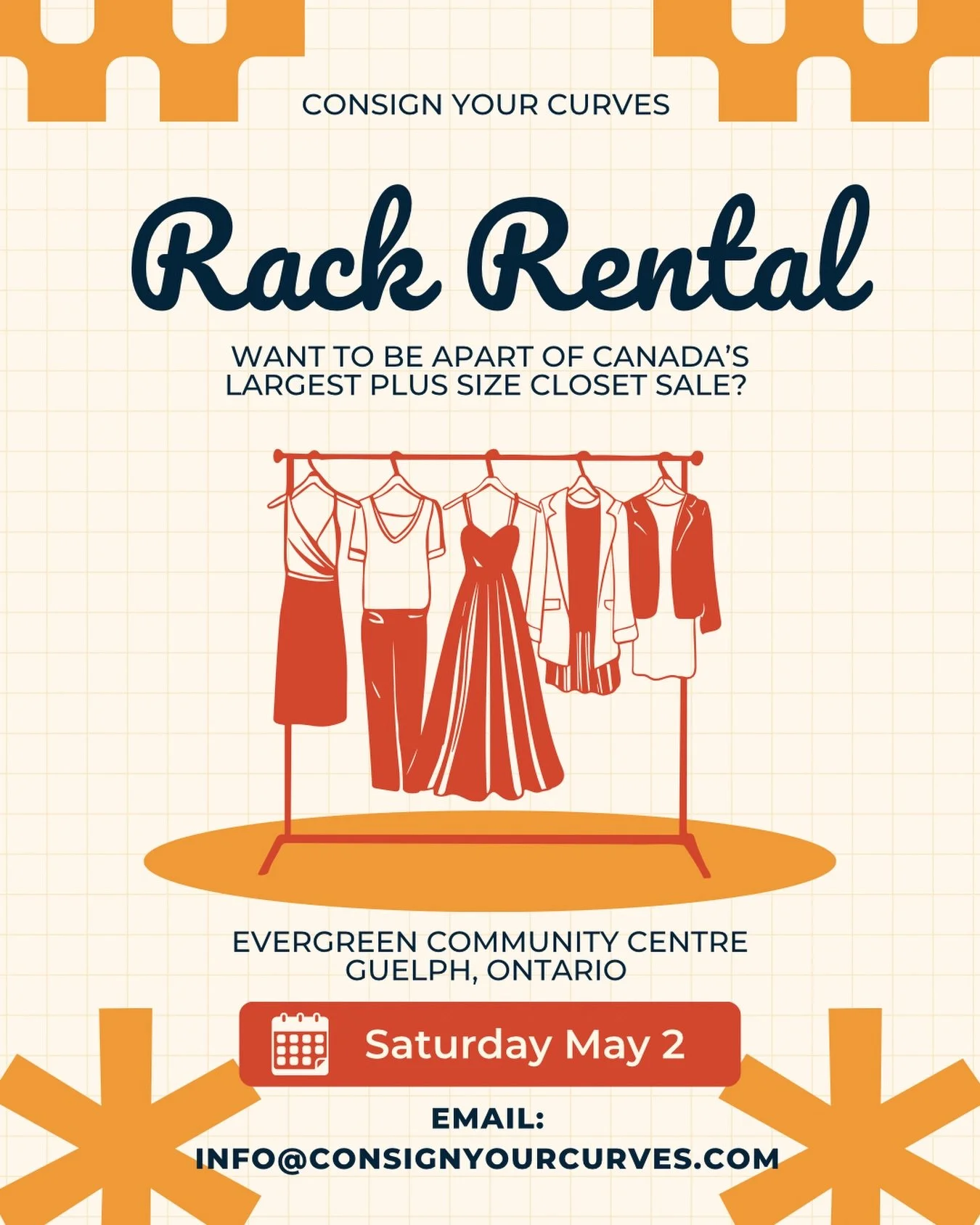 CYC Annual Plus Size Closet Sale is coming to Evergreen Community Centre, Guelph on May 2, 2026. 🛍️✨👗

RENT A RACK for $200 &amp; receive 100% of the money you make that day!💰💸 Turn your closet into cash!!! 

Spots are extremely limited &mdash; d