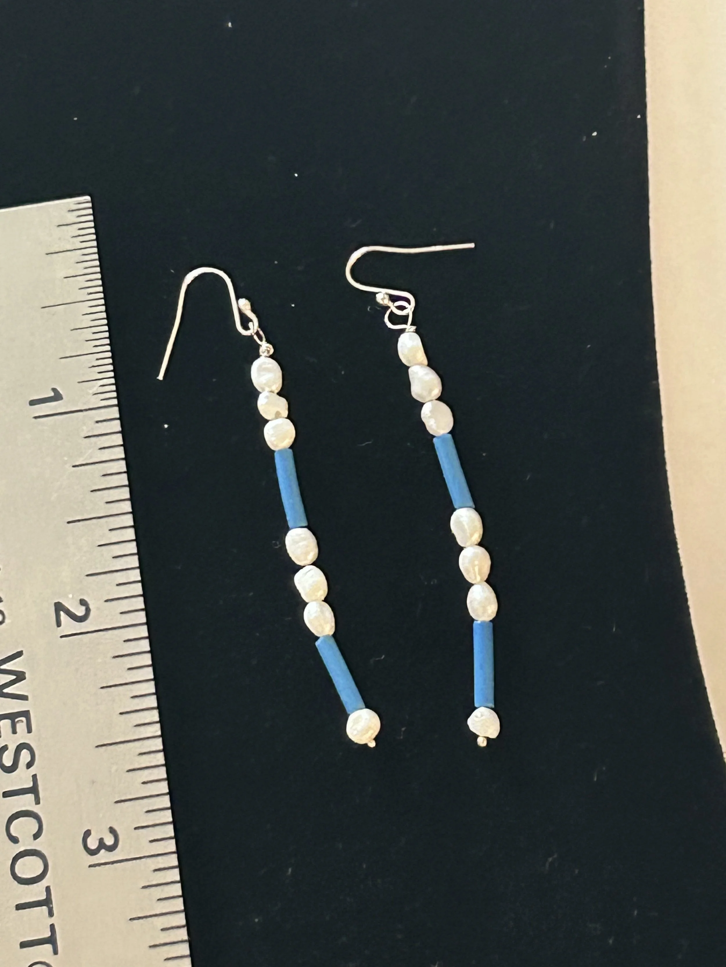 Turquoise Glass with Seed Pearl Dangers $30 (Matching necklace available)