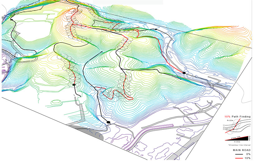  Residential: access to the newly created residential hilltop following the shallowest slope.    