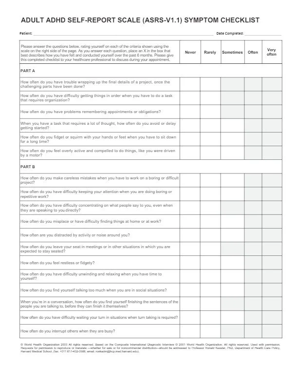 pts Over 18 Yo Adult ADHD ASRS Form BenMD Consultants pts Over 18 Yo Adult ADHD ASRS Form BenMD Consultants