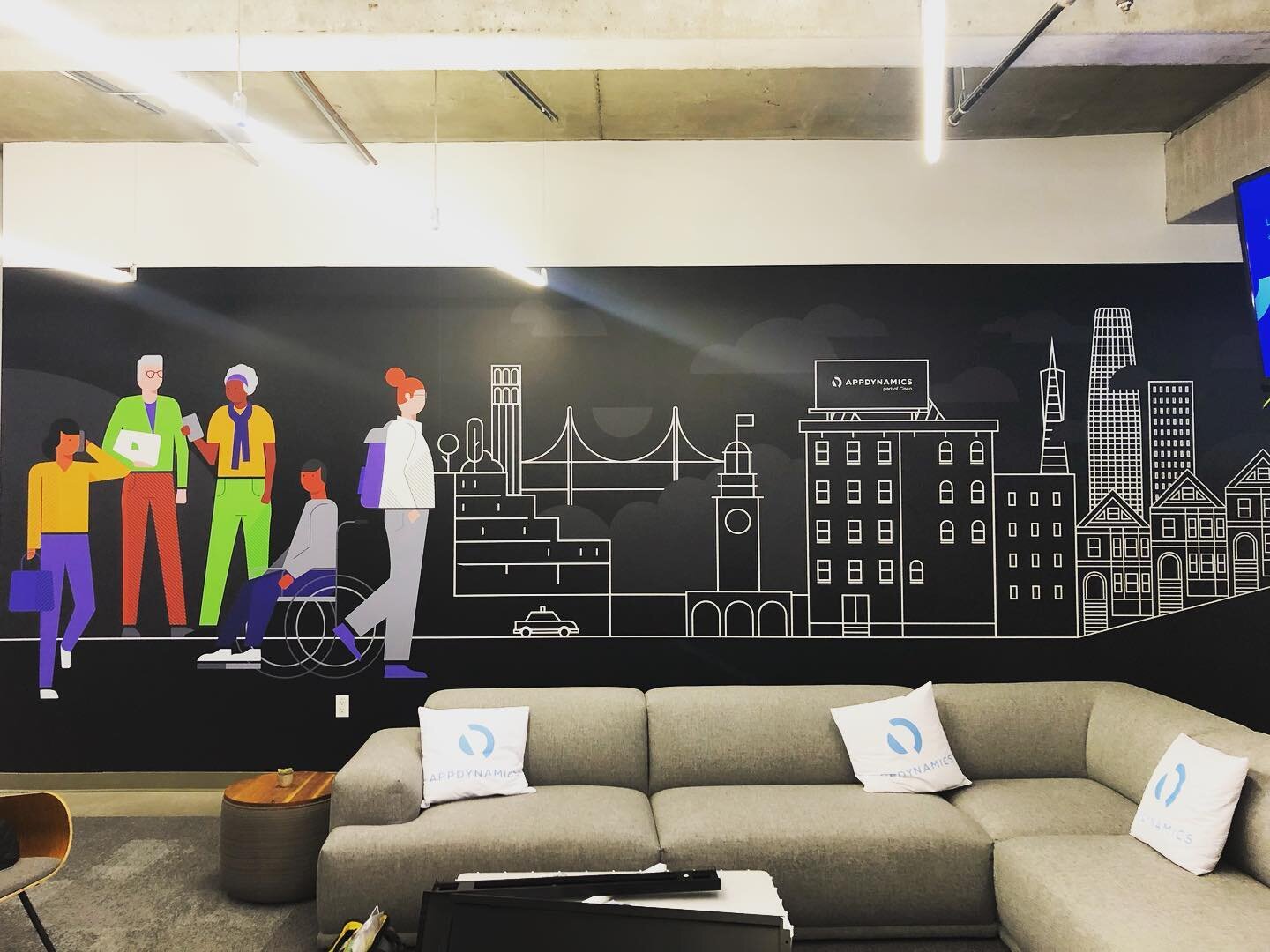 Great to be back at @appdynamics - we finished up their office spaces right before the pandemic started! 

@kitty_coutts and @jennifershada installed this mural today as they are welcoming their employees back next week.