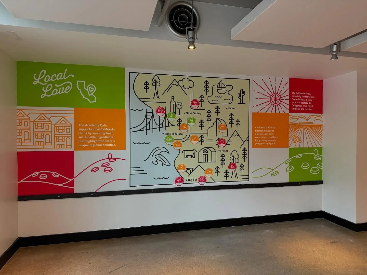 Glow-up at the Academy Cafe at @calacademy just in time for the holidays! New map graphic highlighting their local offerings, bright colors and fun icons - a fun project we pulled together quickly!