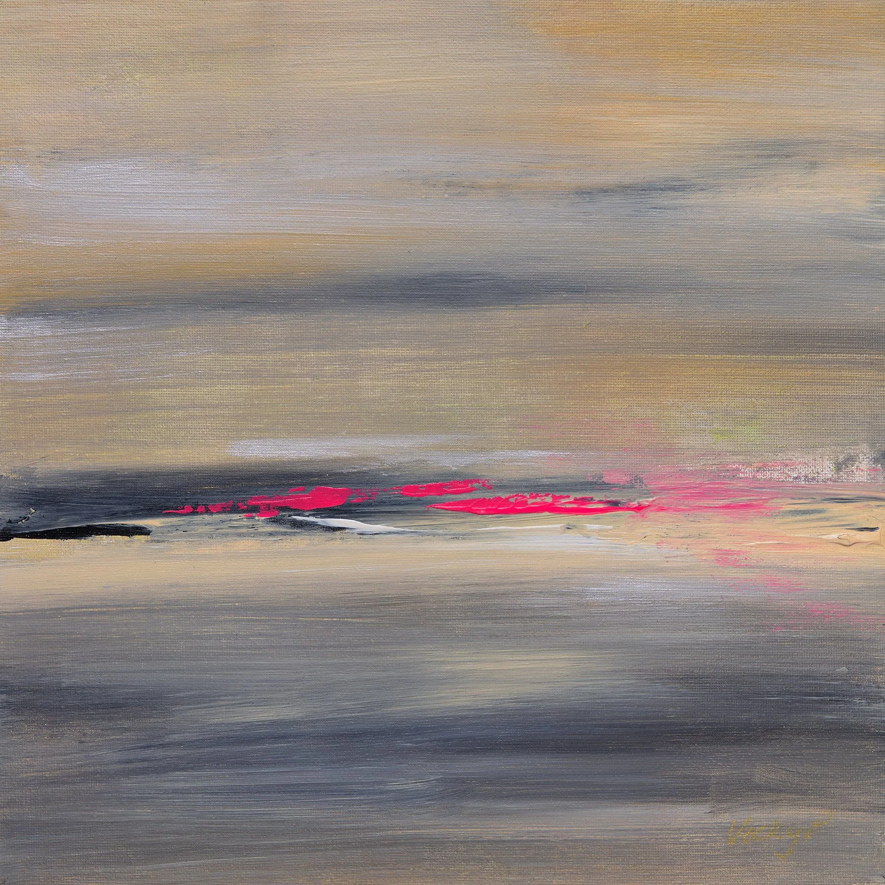 Energy Scape #1 original abstract painting exploring colour and energy by Scottish artist Vicky Paul featuring neutral tones with a pop of neon pink