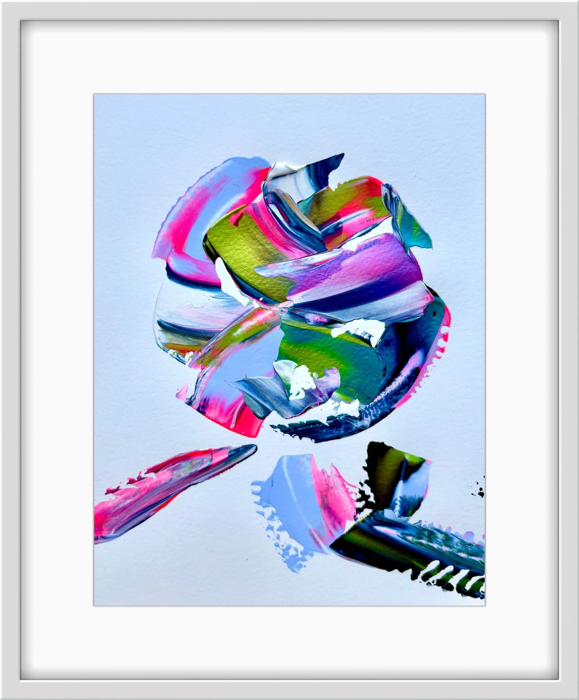 Original Aura Portrait channelled energy painting by intuitive artist Vicky Paul displayed in a contemporary white frame