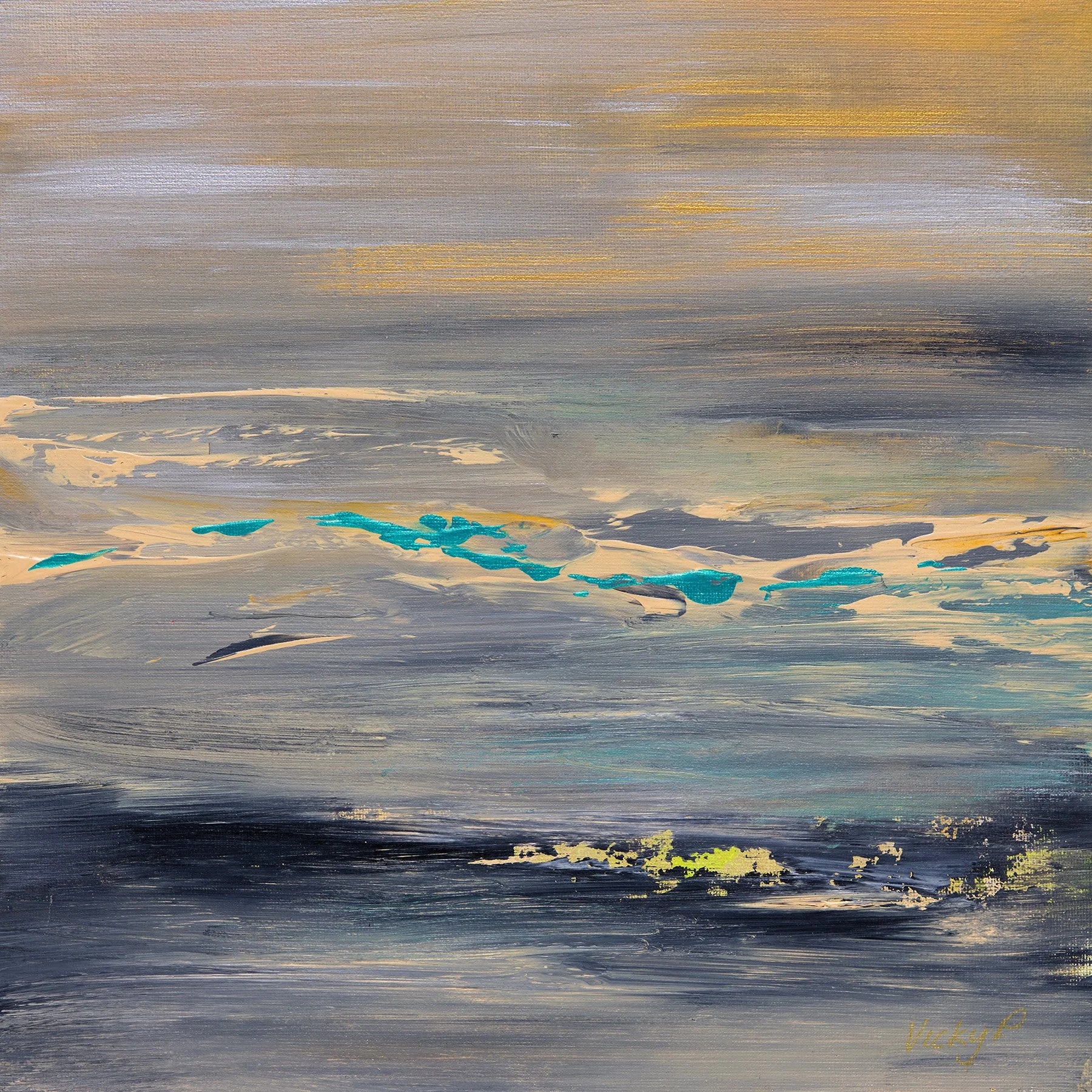 Abstract art with metallic gold and neon paint by Vicky Paul