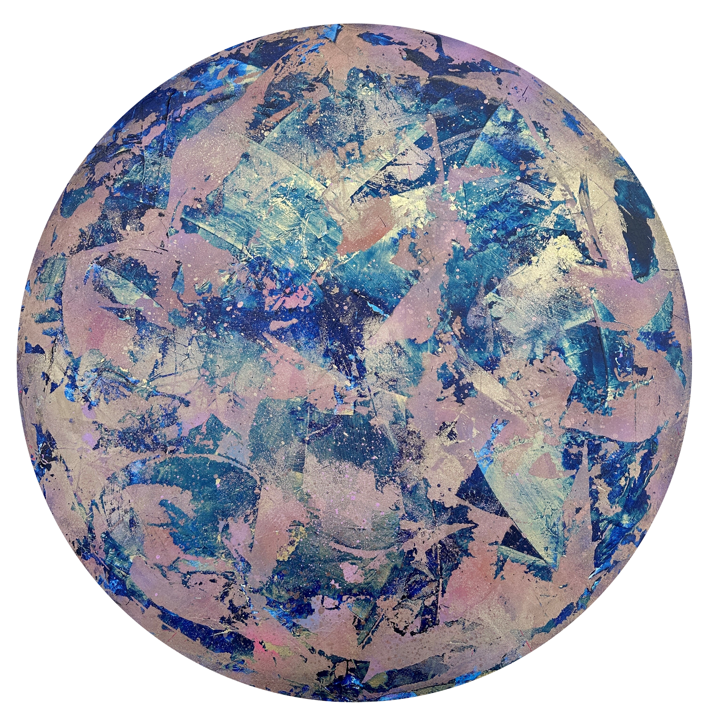 Soul energy portrait featuring subtle layers of metallic gold, rose pink and dark blue paint on a circular canvas created by intuitive artist Vicky Paul