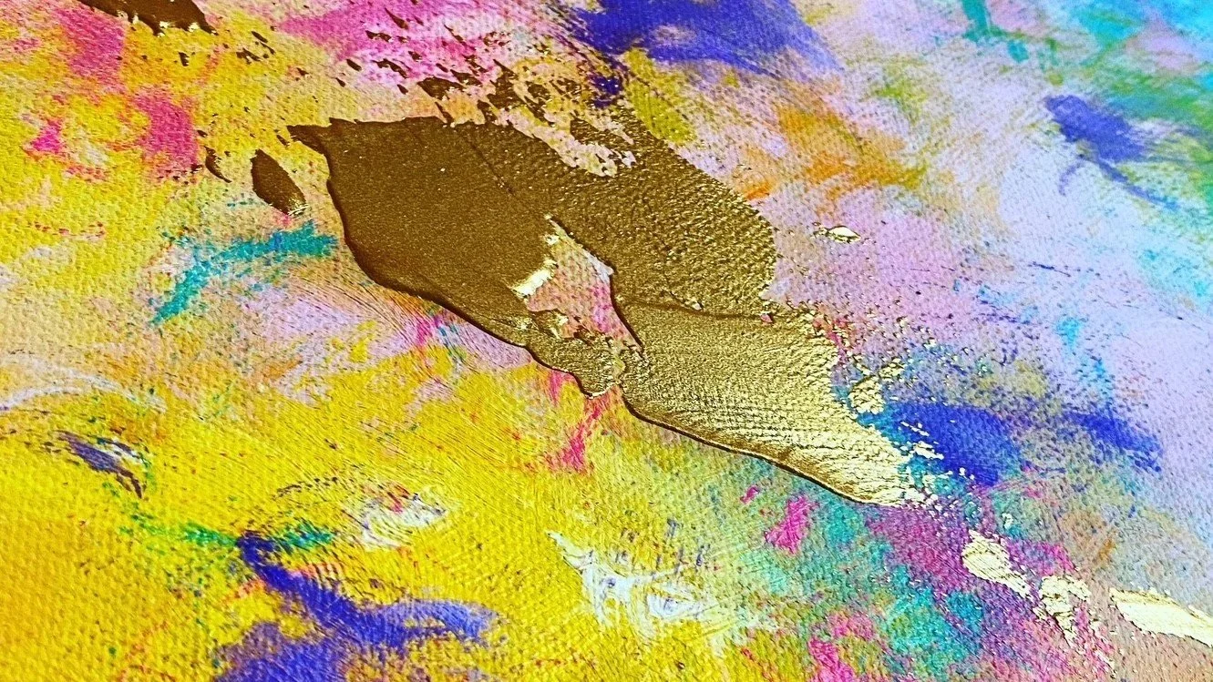 Close-up detail of layered acrylic paint and expressive brushwork in a contemporary abstract painting by Vicky Paul