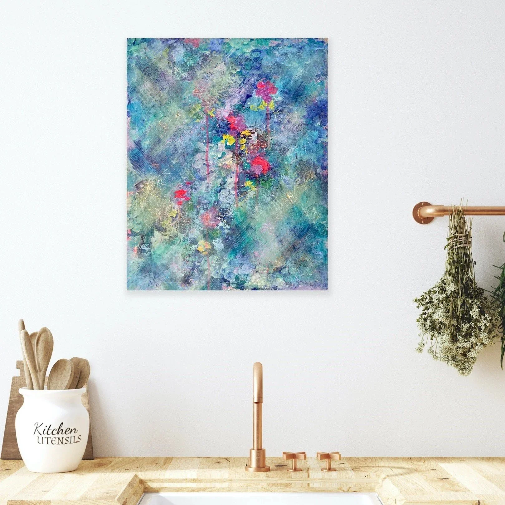 Angels Garden abstract painting by Scottish contemporary artist Vicky Paul exploring nature, energy and transformation in a kitchen