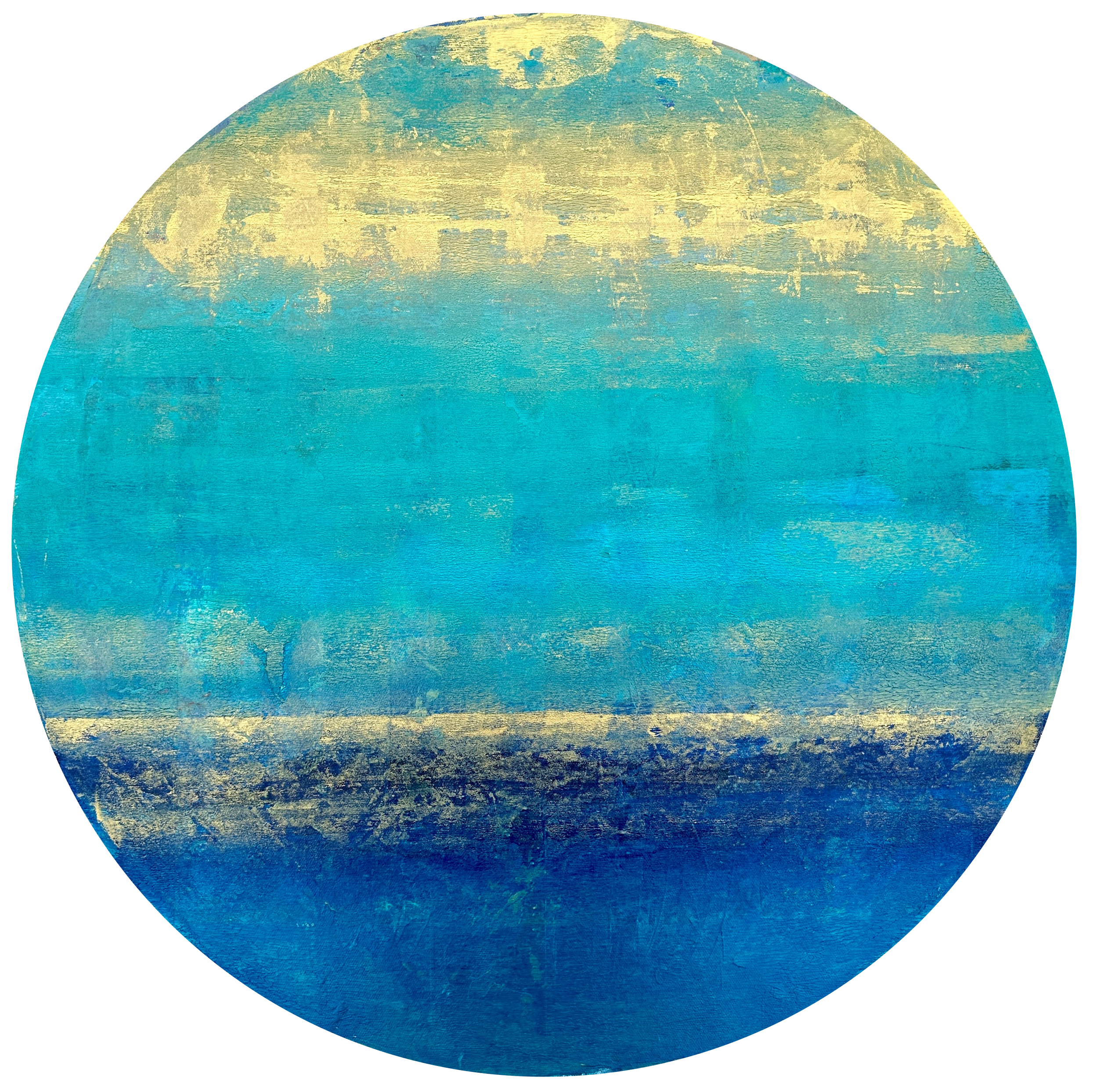 Soul energy portrait featuring subtle layers of metallic gold, turquoise and dark blue paint on a circular canvas created by intuitive artist Vicky Paul