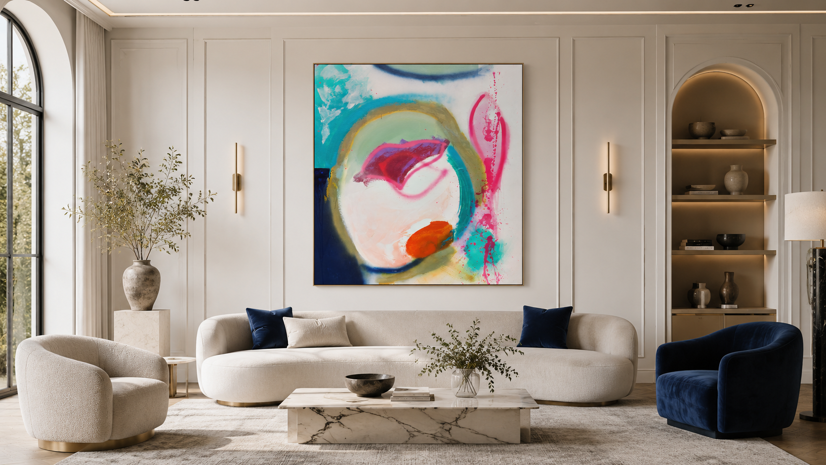 Celestial Gateway painting by Vicky Paul hanging in a luxury modern living room with high-end furniture, elegant decor, and ambient lighting.