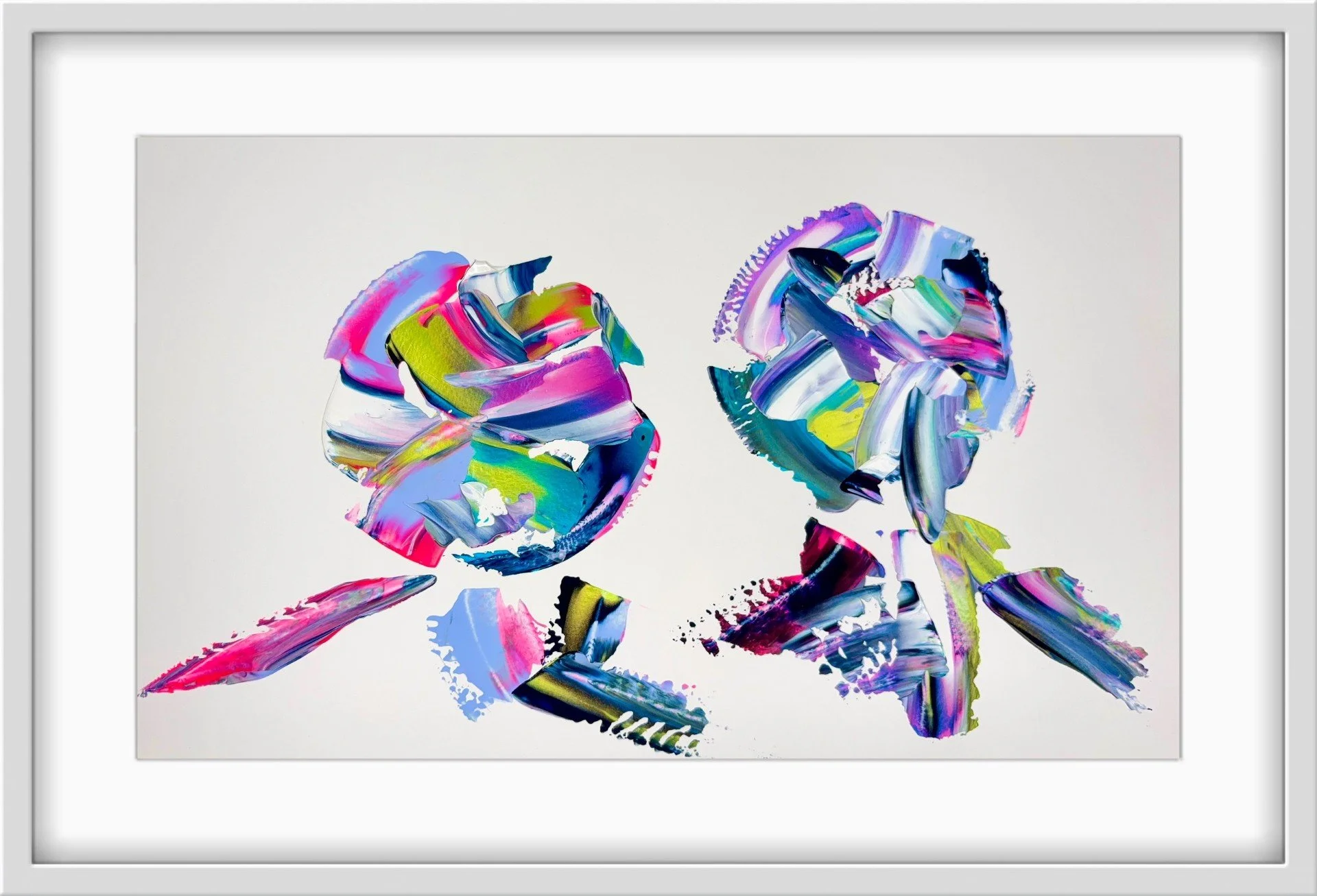 White framed original Aura Portrait of a couple displayed as a contemporary abstract energy painting by intuitive artist Vicky Paul.