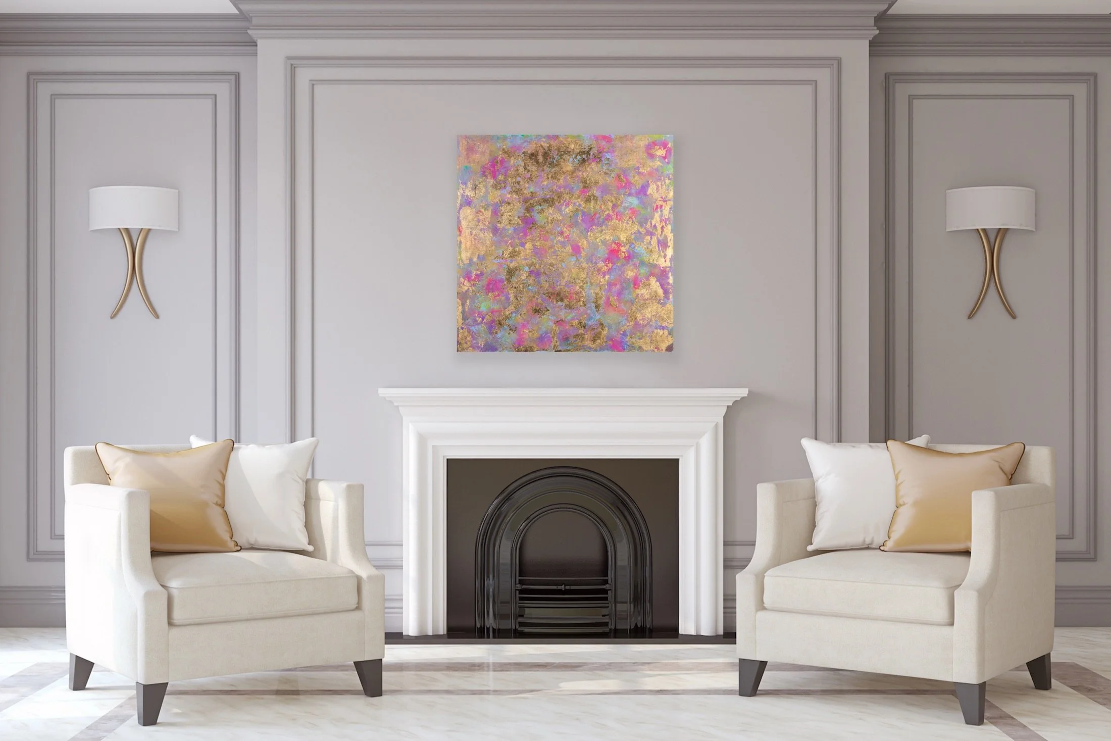Soul Energy Portrait abstract energy painting exploring personal transformation and identity by Vicky Paul displayed in a contemporary interior