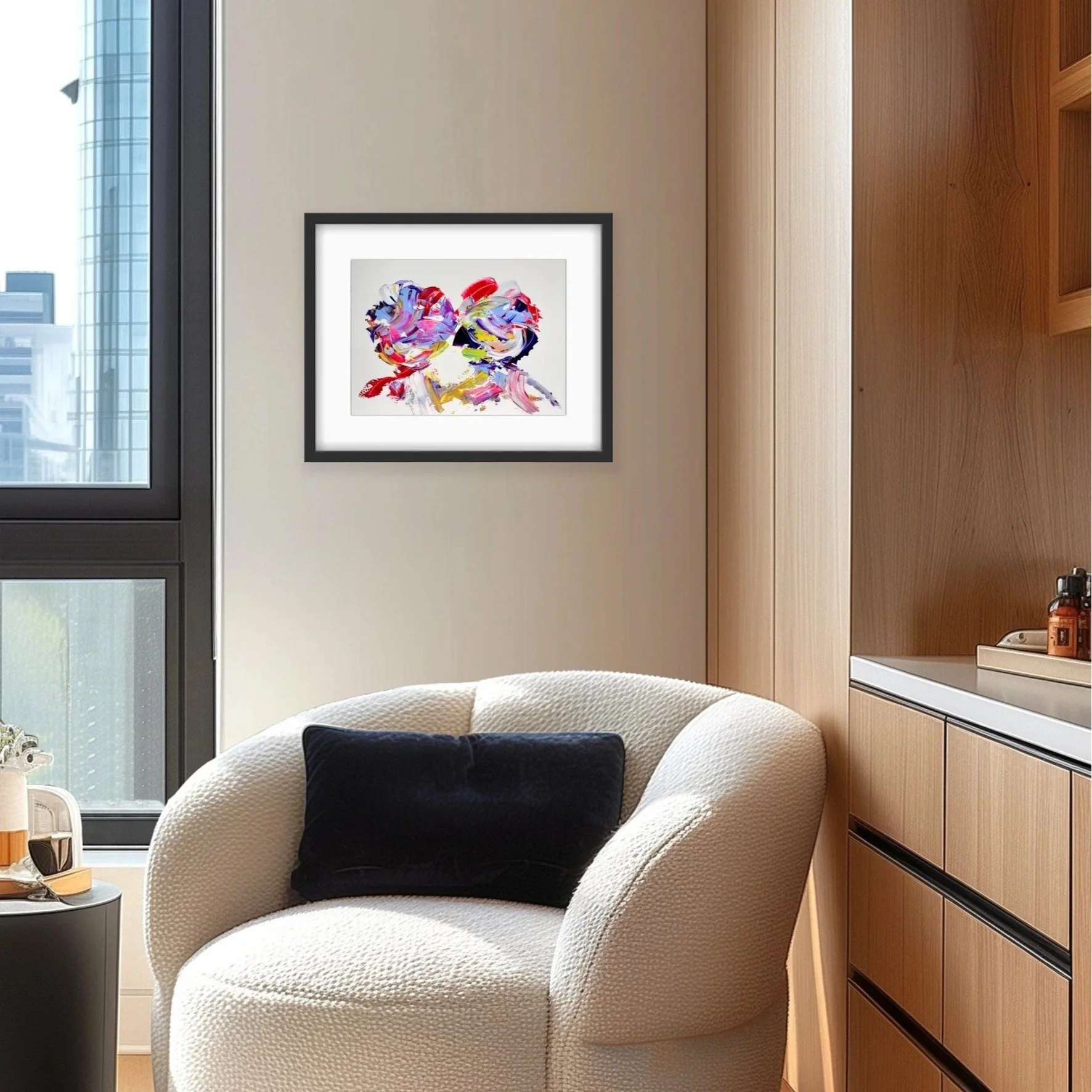 Framed Original Aura Portrait of a couple by intuitive artist Vicky Paul displayed in a contemporary interior, showcasing a bespoke channelled abstract energy painting.