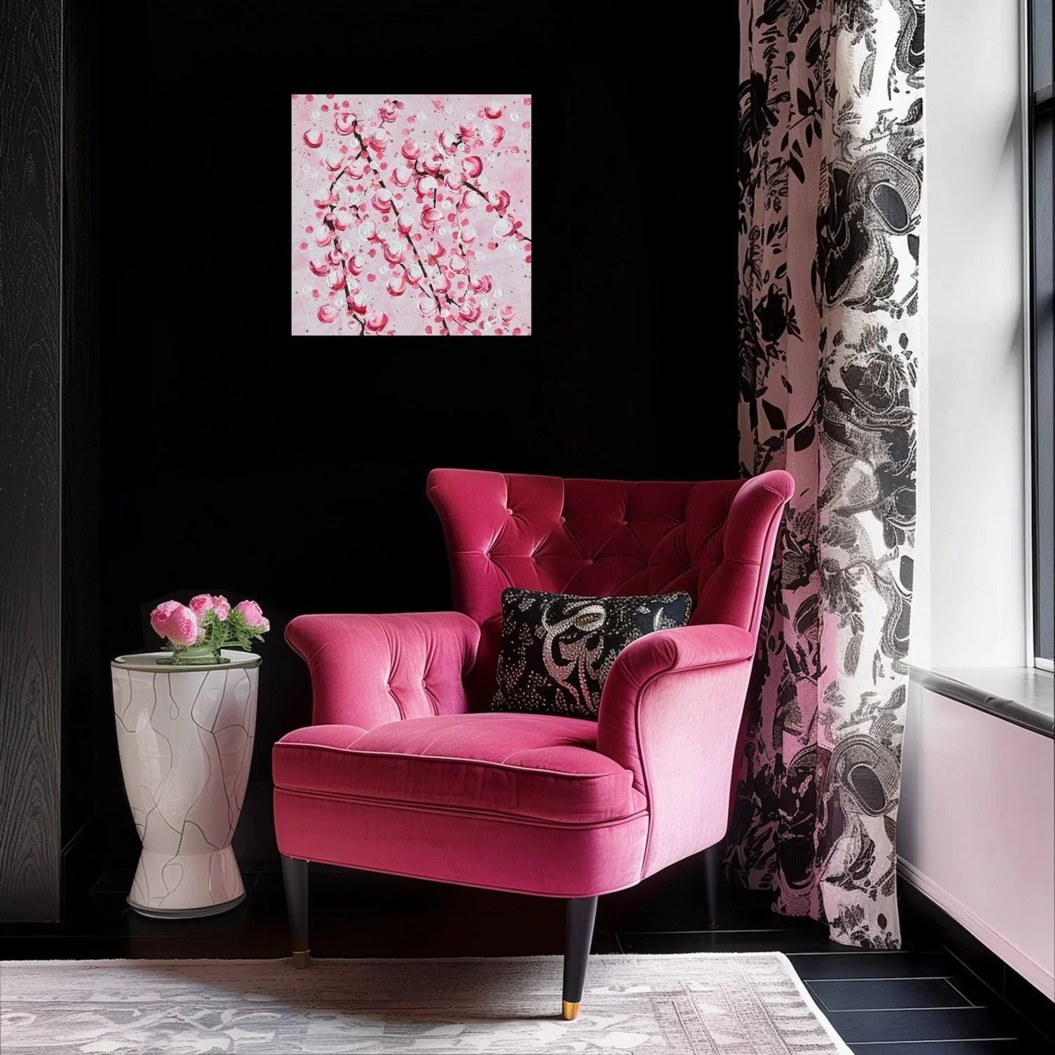 Cherry Blossoms abstract painting by contemporary artist Vicky Paul displayed in a modern interior setting