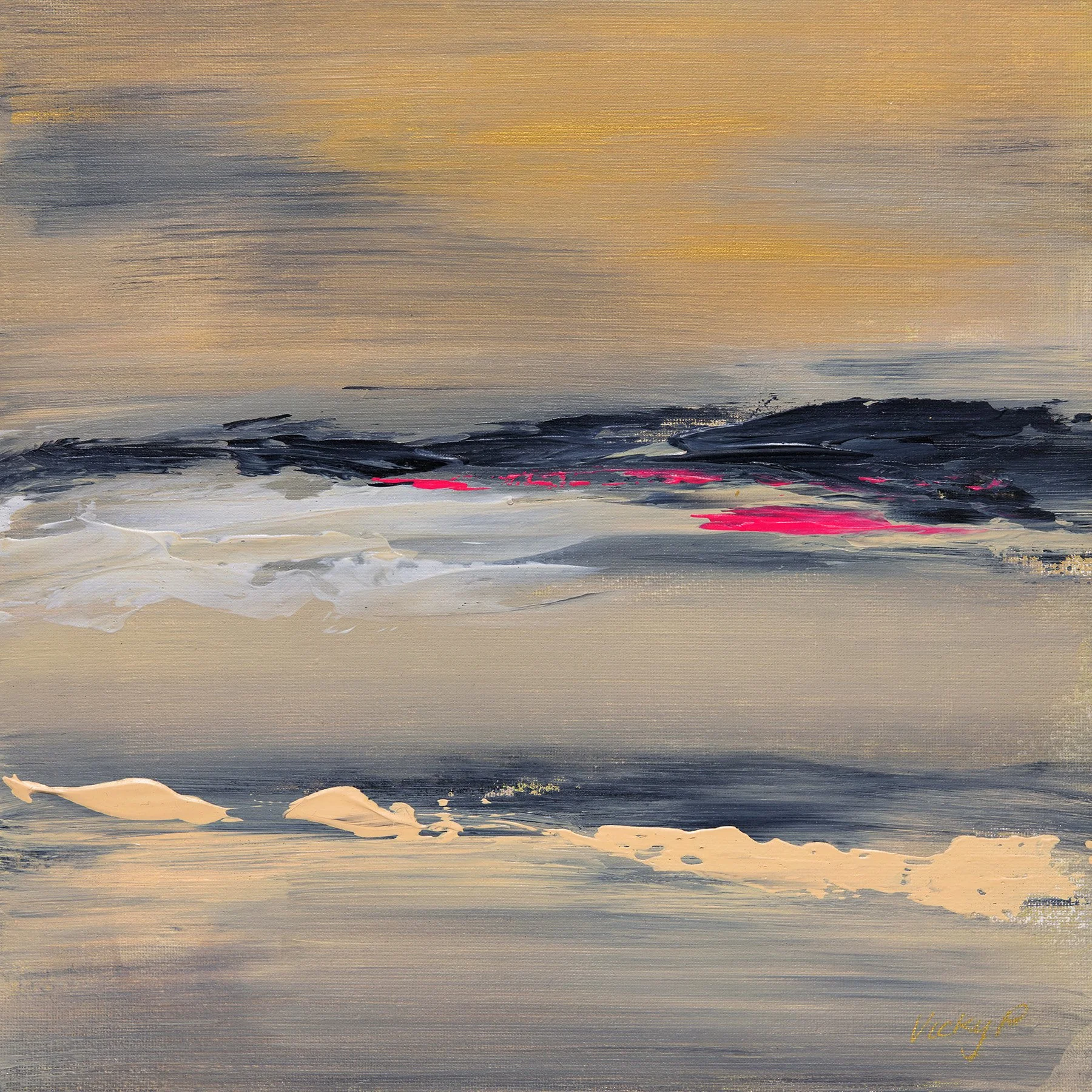 Energy Scape #3 original abstract painting exploring colour and energy by Scottish artist Vicky Paul featuring neutral tones, metallic gold and pops black and neon pink