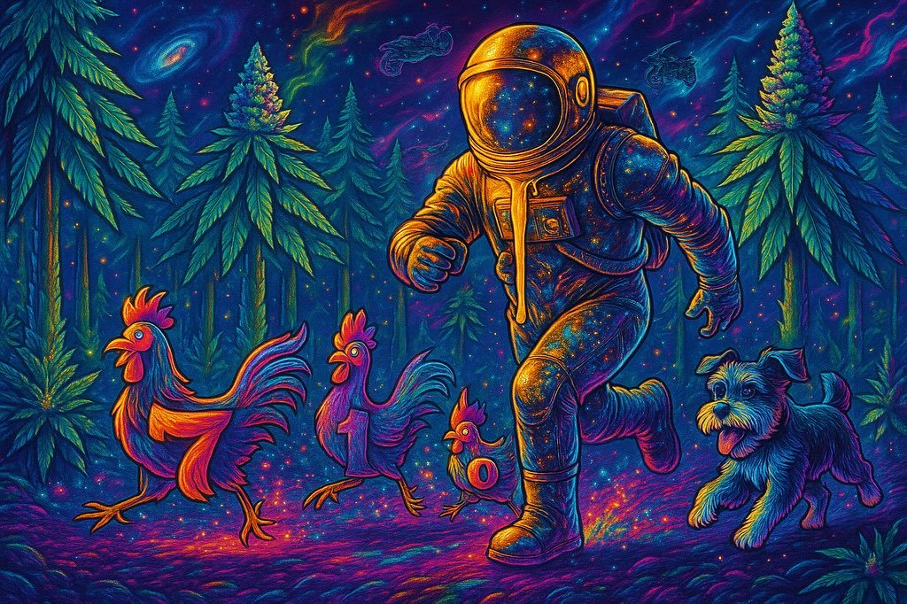 The journey continues&hellip;I call it &lsquo;Chasing 710&rsquo;😘
An astronaut, Boadie the mini-schnauzer, and a crew of cosmic chickens racing through a galaxy-lit forest, chasing the numbers that matter.

710 is in sight. You coming?

Fuel up, sta