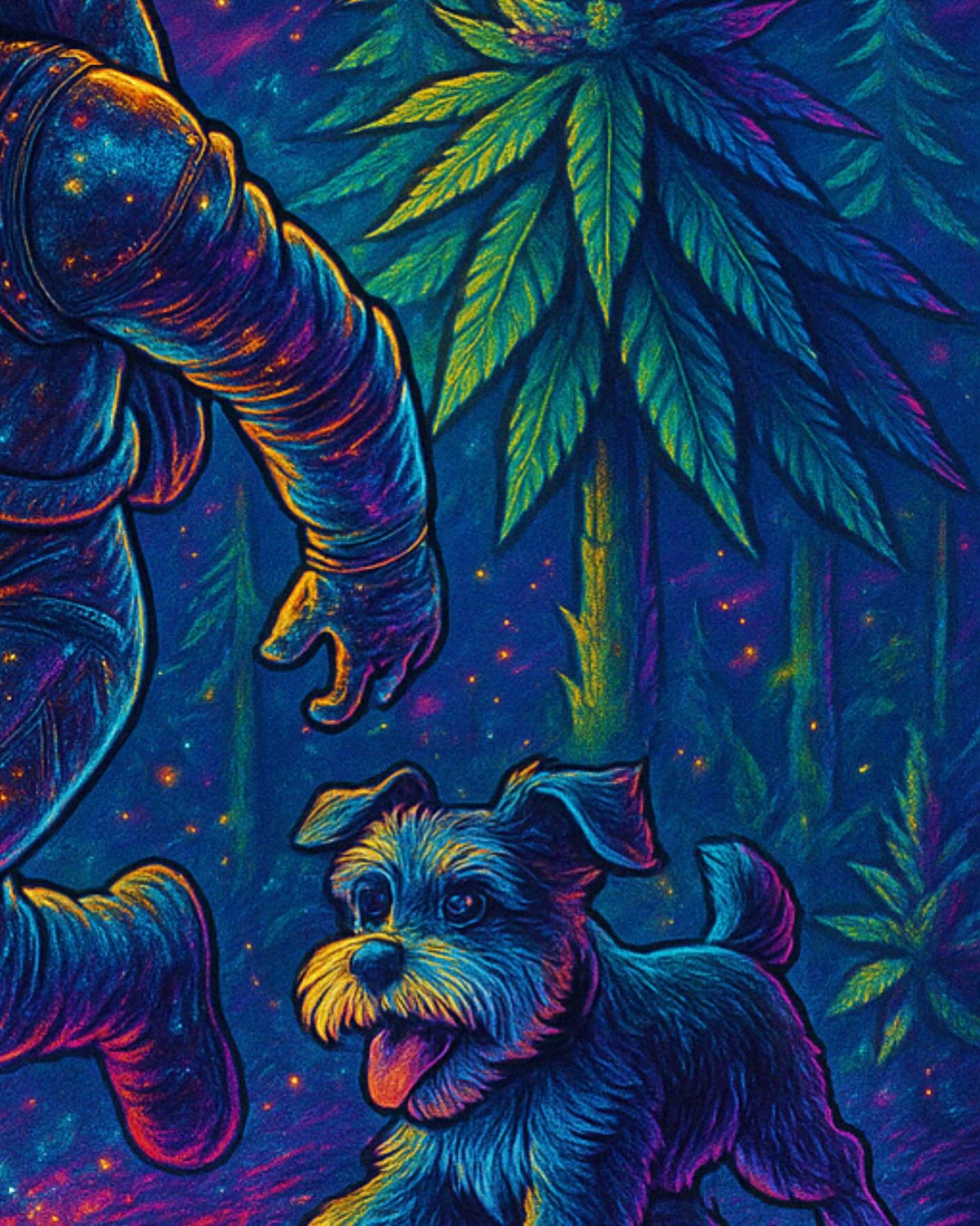 Another piece of the cosmic puzzle.
Where is this rooster headed? What is Boadie thinking? What will they find in the forest of frosty-tipped colas and stardust trails?

Keep sipping. Stay lifted.
More to come&mdash;this is only the second frame.

#J
