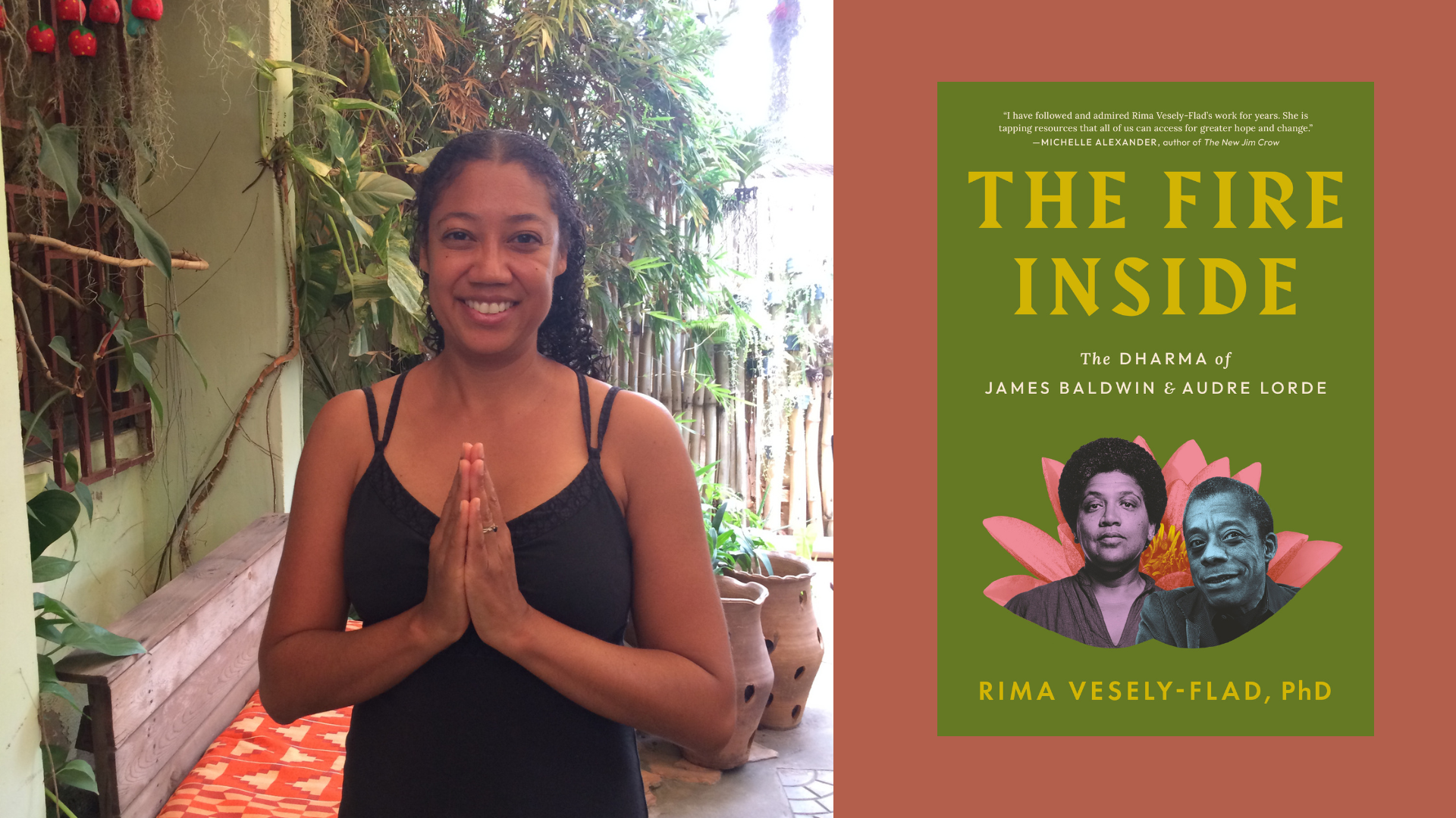 Rima Vesely-Flad at Thai House alongside The Fire Inside book cover