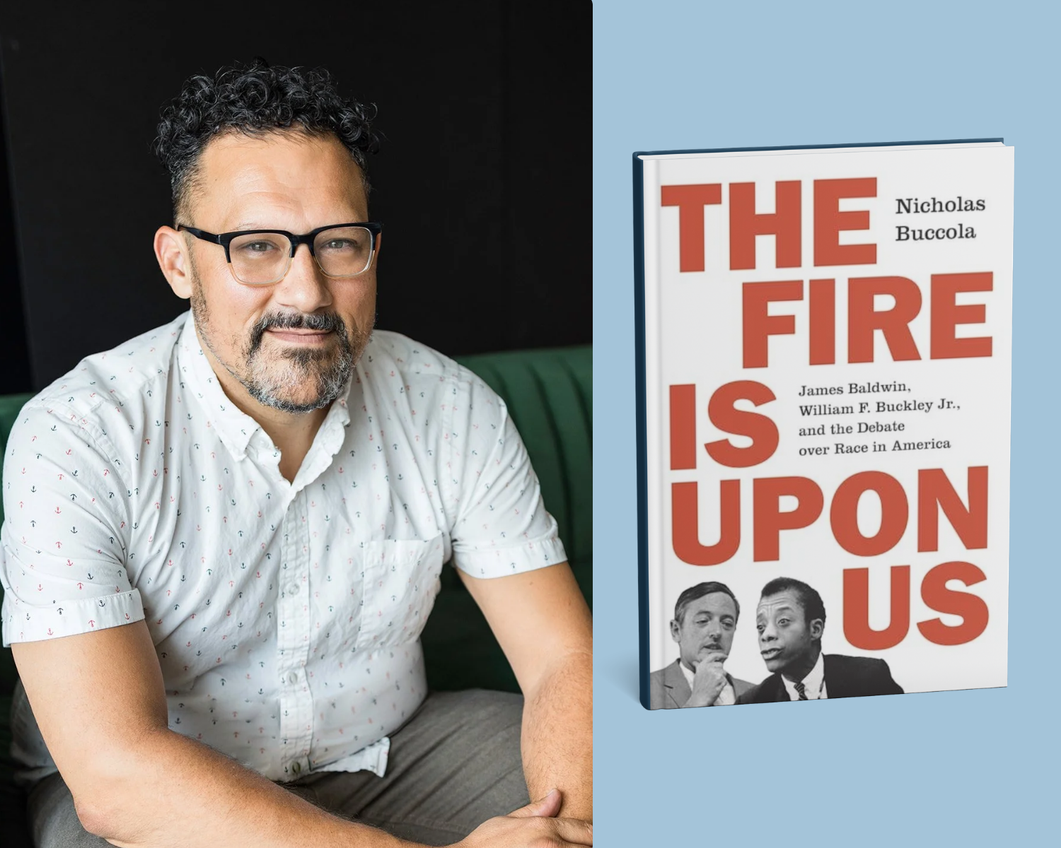 Speaker Nicholas Buccola with his award-winning book The Fire Is Upon Us