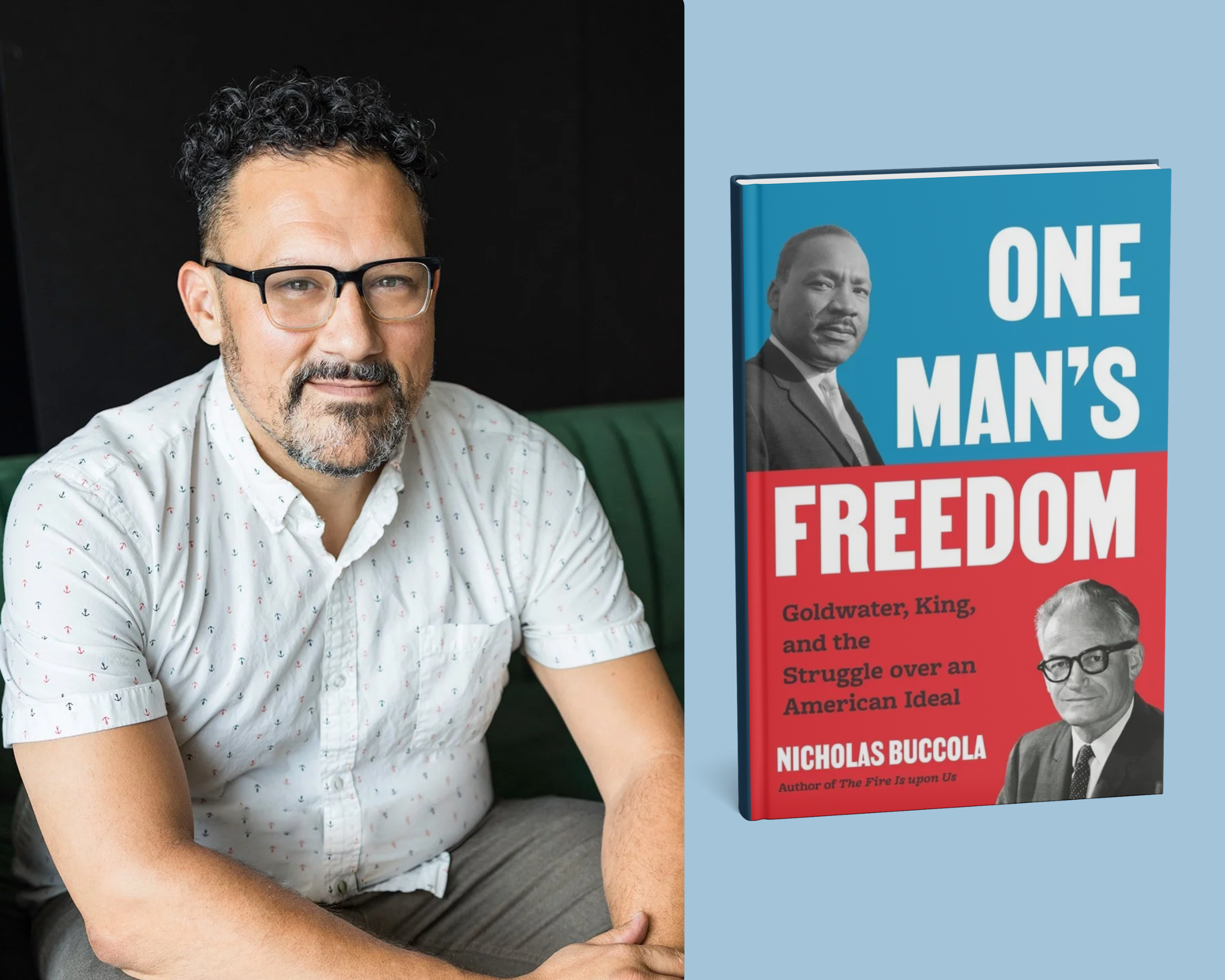 Speaker and author Nicholas Buccola with his book One Man's Freedom