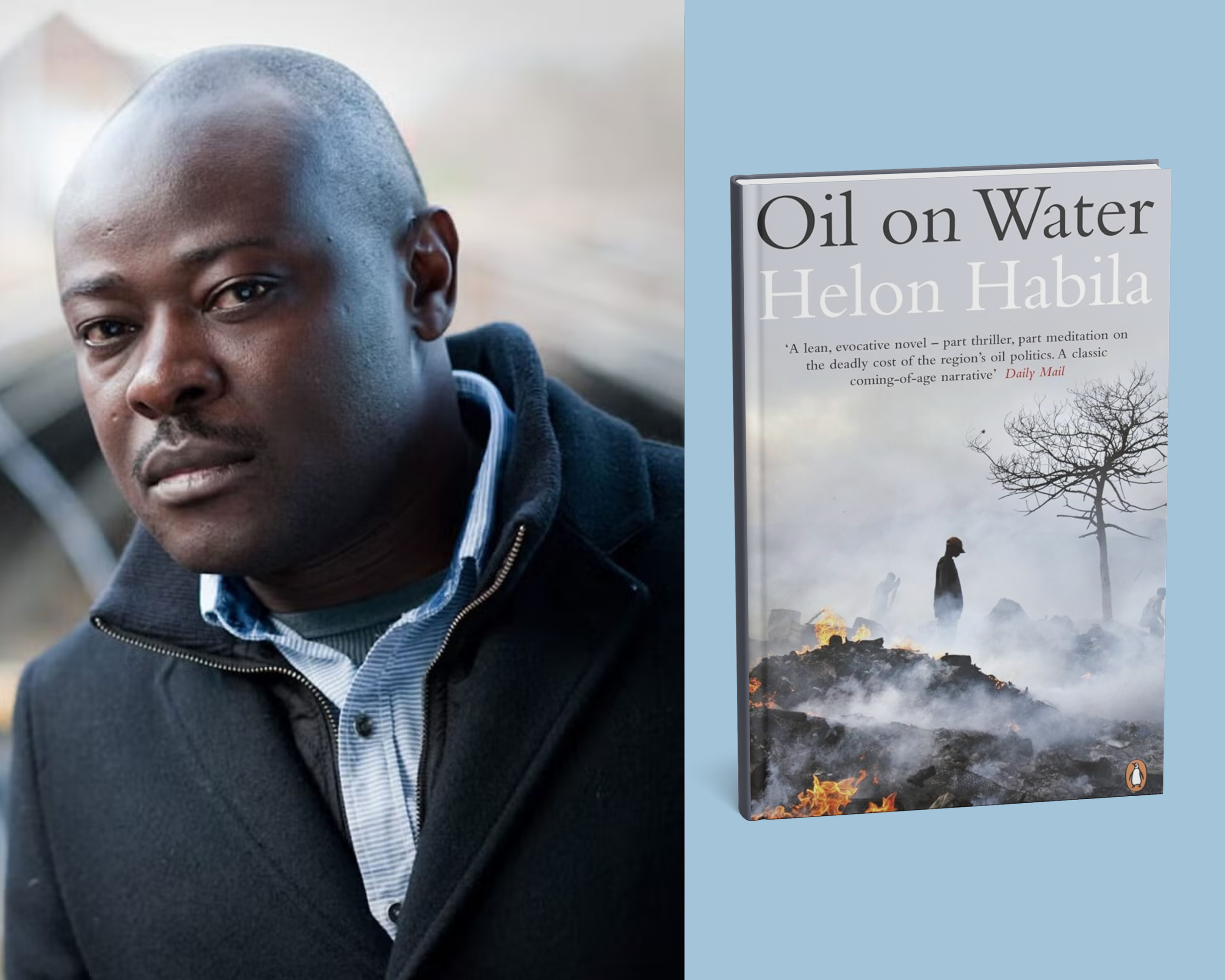 Helon Habila next to his novel Oil on Water