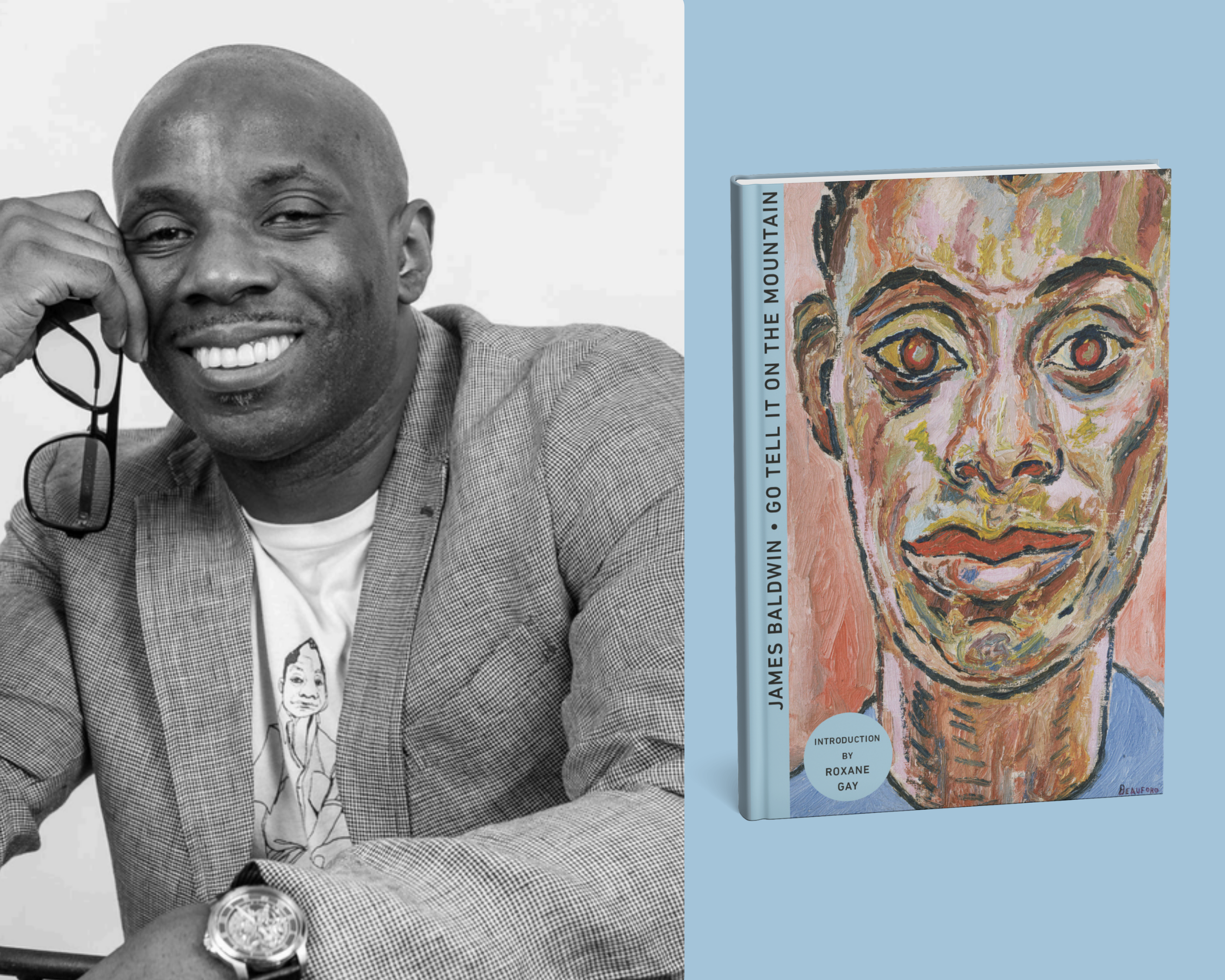 Speaker Trevor Baldwin, nephew of James Baldwin, and the book cover for Go Tell It on the Mountain