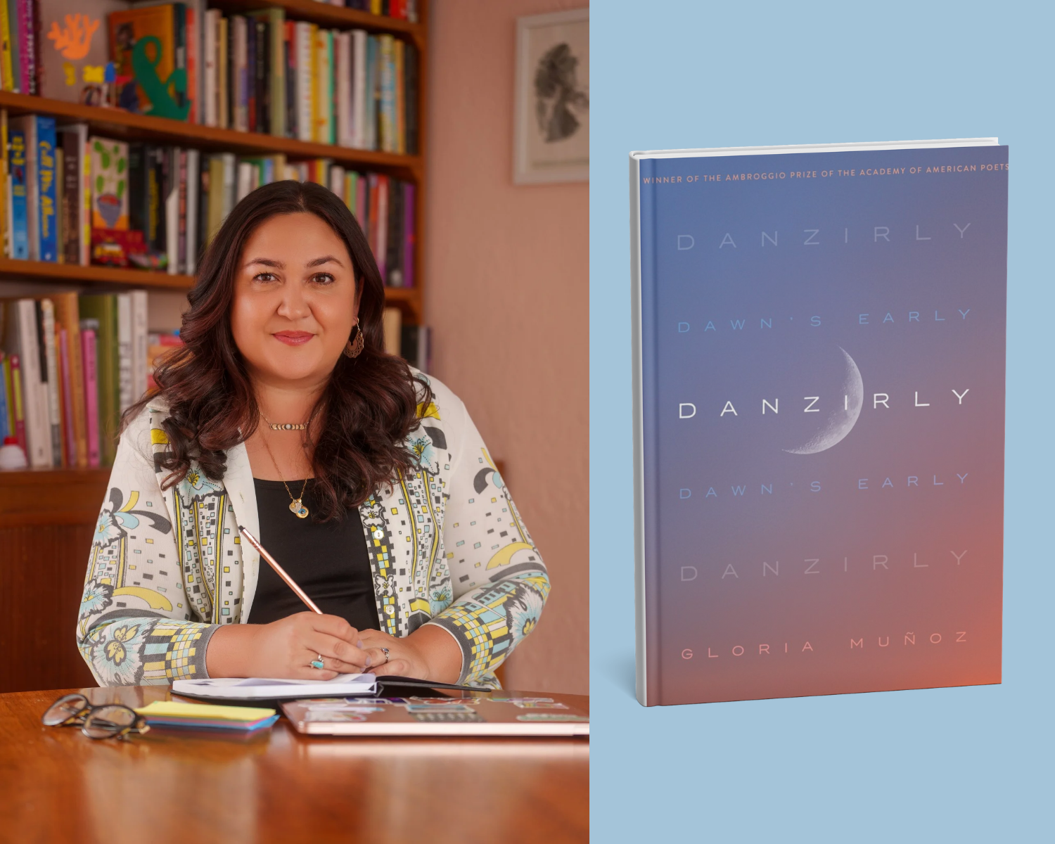 Speaker and author Gloria Munoz with her poetry collection Danzirly
