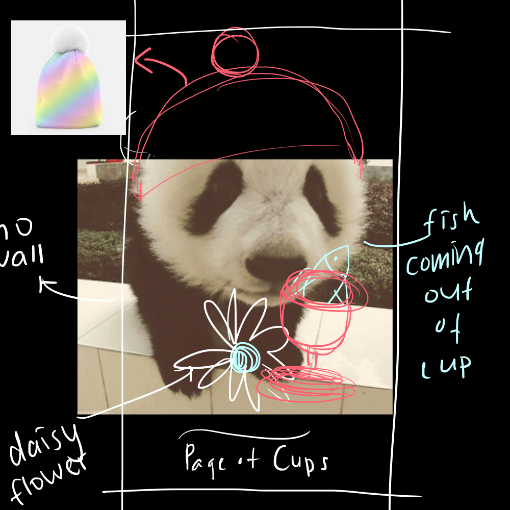 Concept Drawing for “Page of Cups” - This is how I communicate with my artist! At first, I was having a hard time describing where things are going to be and how everything is going to be positioned in relation to the panda. Eventually I was like, hey, I have a graphic tablet - why don’t I just doodle over the panda photo!? So I did. What I would do is - I would look for a photograph of a panda in real life that I want to use for the particular card I am concepting - and then I would doodle over it to convey my idea to my artist. Sometimes I would include pictures of clothing items (as you can see above) for the panda to “wear” in the final illustration. Page of Cups is the cutie-pie, and as soon as I saw this photo of a panda cub close-up - I knew she was going to be my Page of Cups. I remember telling my artist: “Emphasis on the CUTE NOSE, her nose must be REALLY CUTE.”