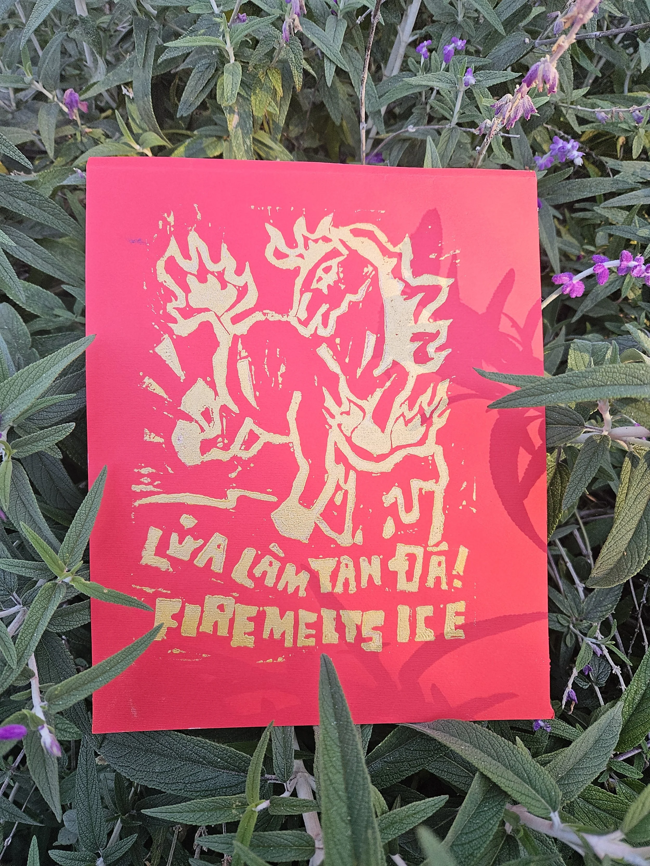 Fire Melts ICE - linocut