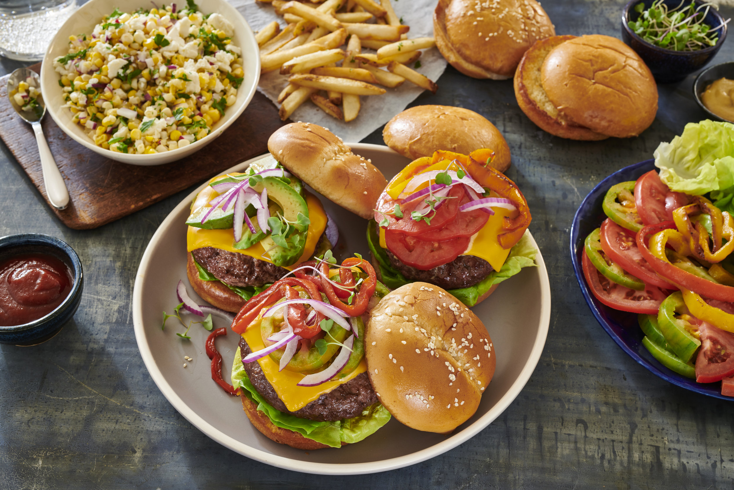 Cheeseburger with Grilled Veggies and Fries 