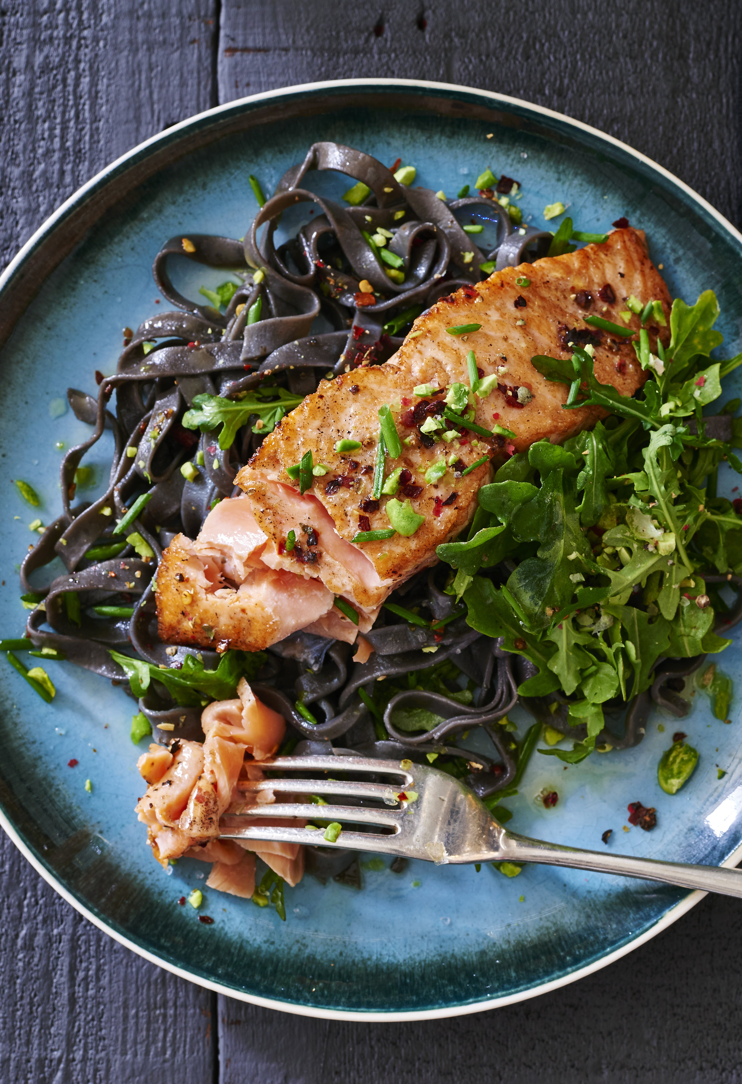 Salmon with Squid Ink Pasta