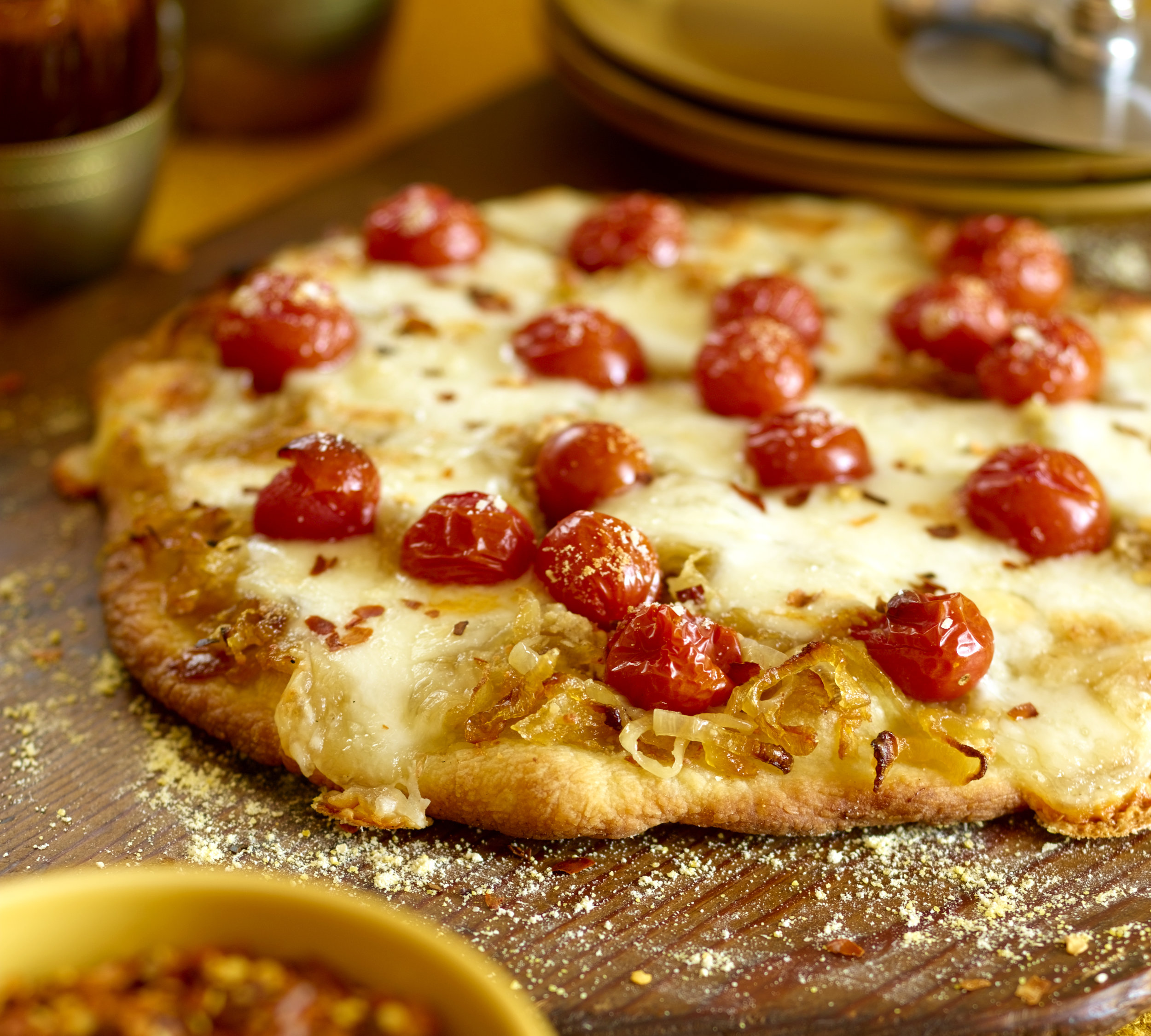 Pizza with Cherry Tomatoes and Mozzarella Cheese