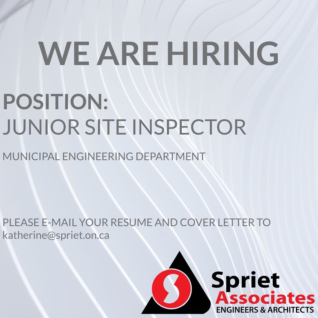 WE ARE HIRING

Our Municipal Engineering department is looking for a Junior Inspector to join our team! 

If you are a motivated individual looking for an exciting opportunity and has graduated from an accredited Civil Engineering Technology program,