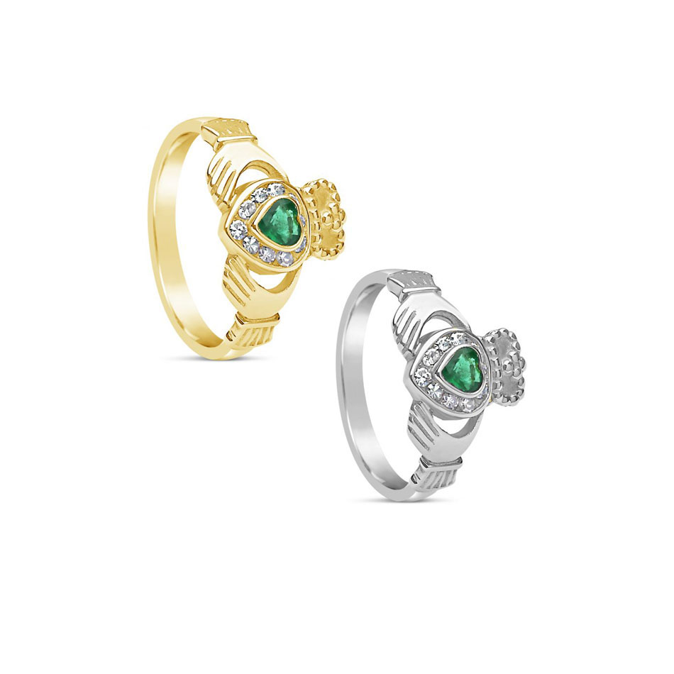 Claddagh Rings with Emerald and Diamonds