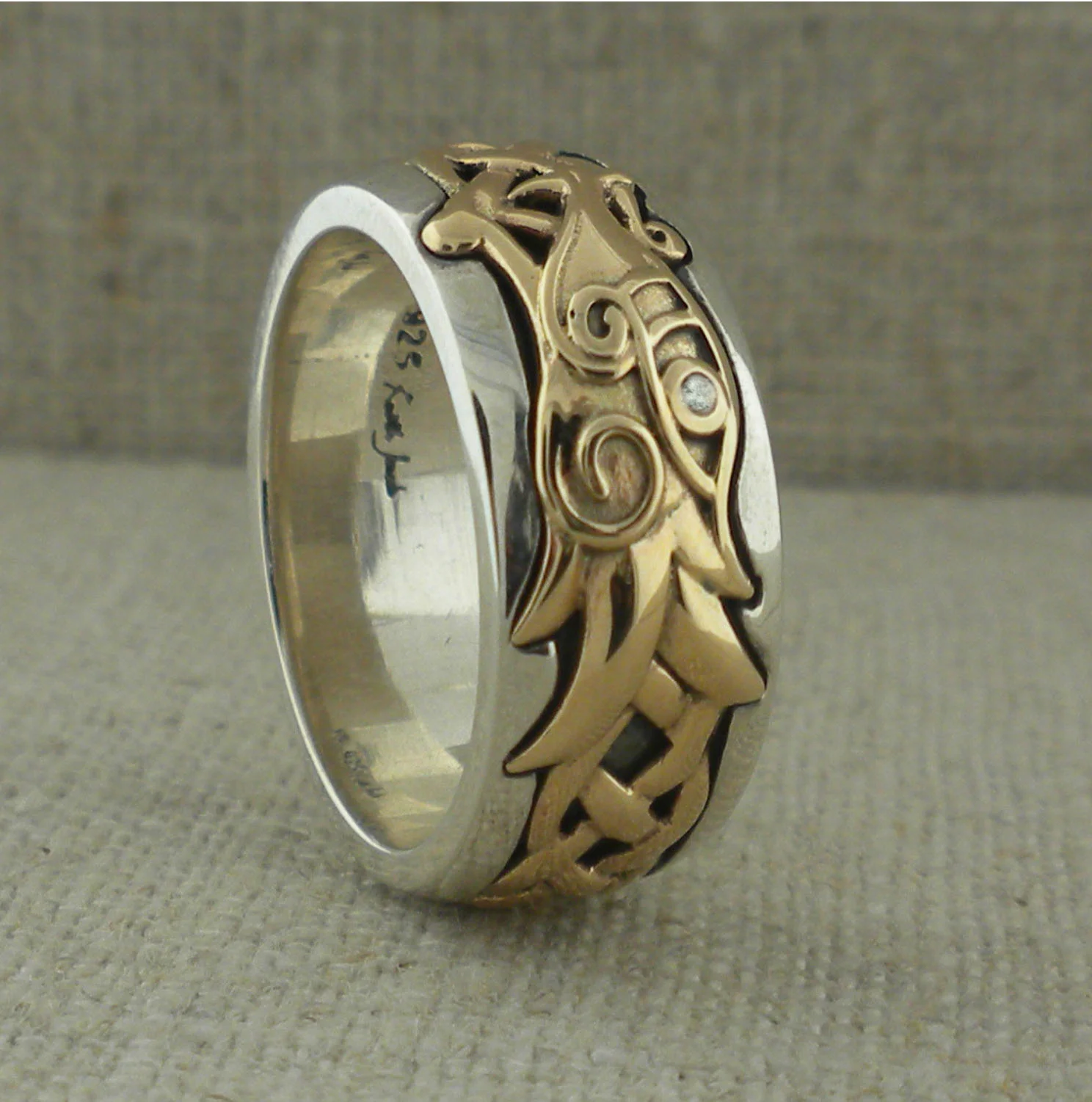 Sterling Silver and 10K Celtic Knot and Dragon Wedding Ring