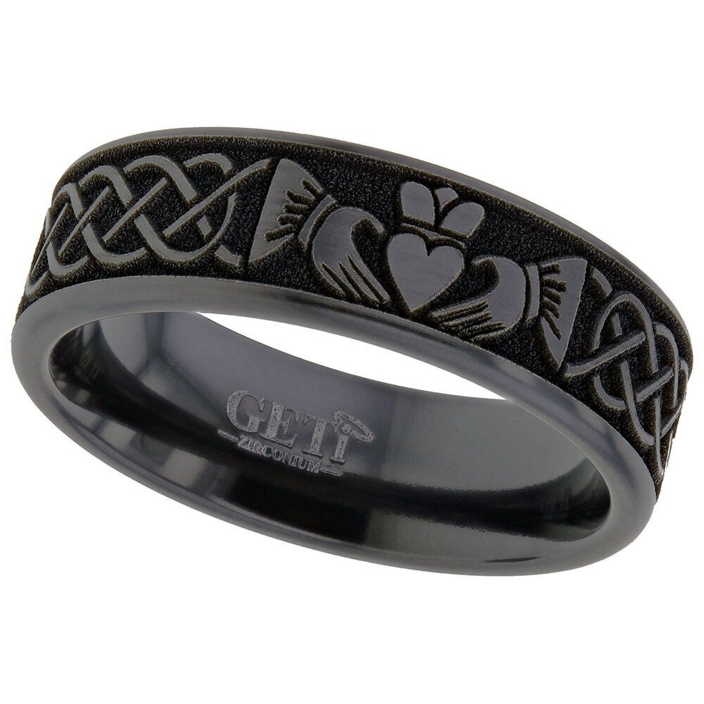 Flat Profile Black Zirconium Claddagh and Celtic Knot Wedding Ring