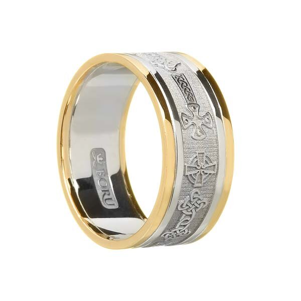 Men's Sterling Silver Celtic Cross Wedding Ring with 10K Trim