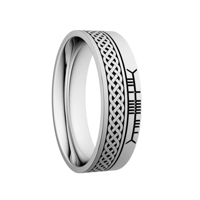 Sterling Silver Celtic Weave Wedding Ring with Ogham Rail Edge