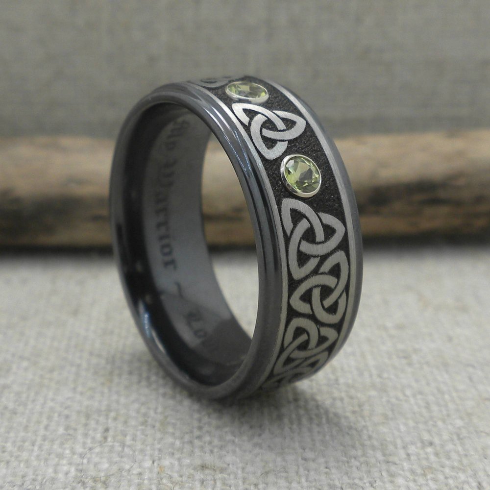 Black Zirconium Wedding Ring with Trinity Knots and Peridots