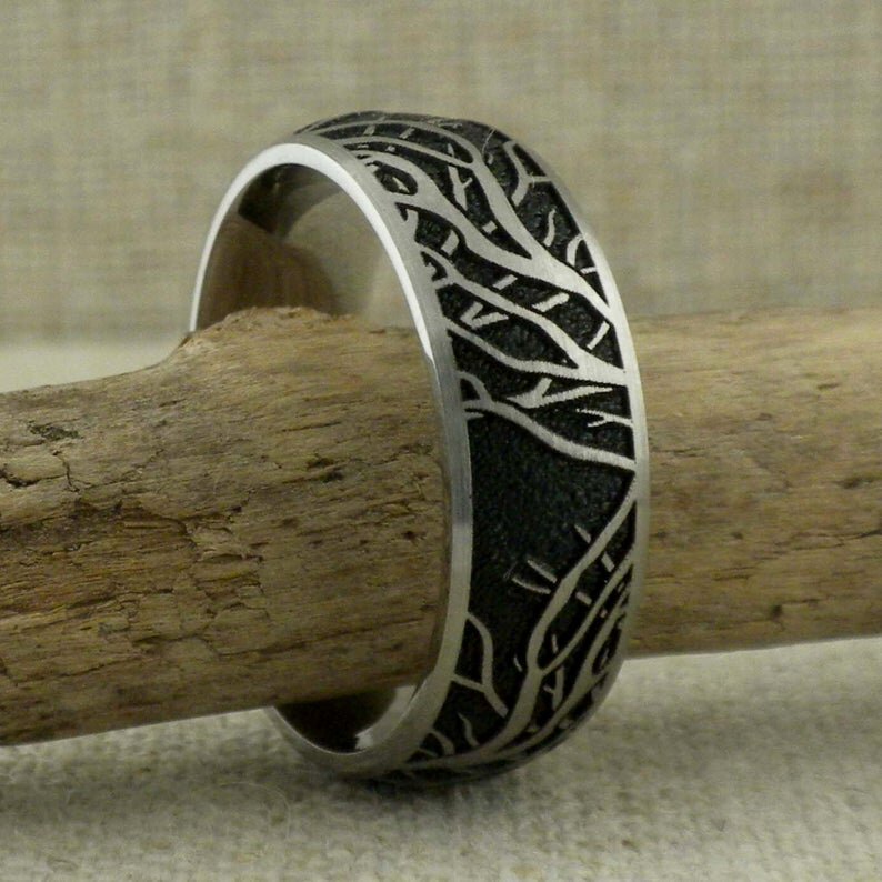 Tree of Life Wedding Ring in Titanium with Black Background