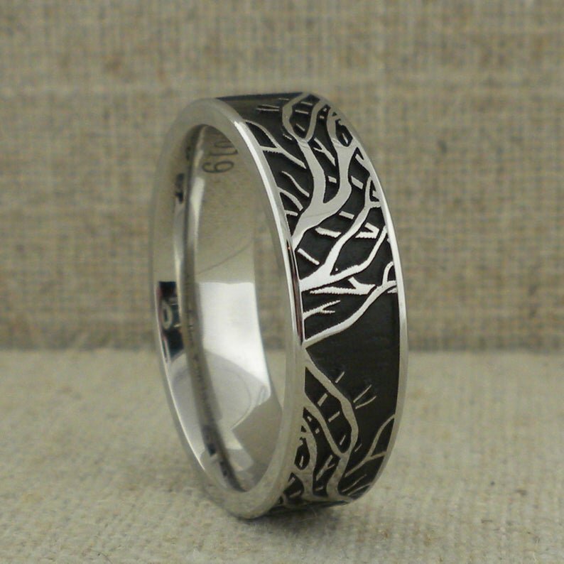 Cobalt Chrome Tree of Life Wedding Ring with Black Cerakote Background