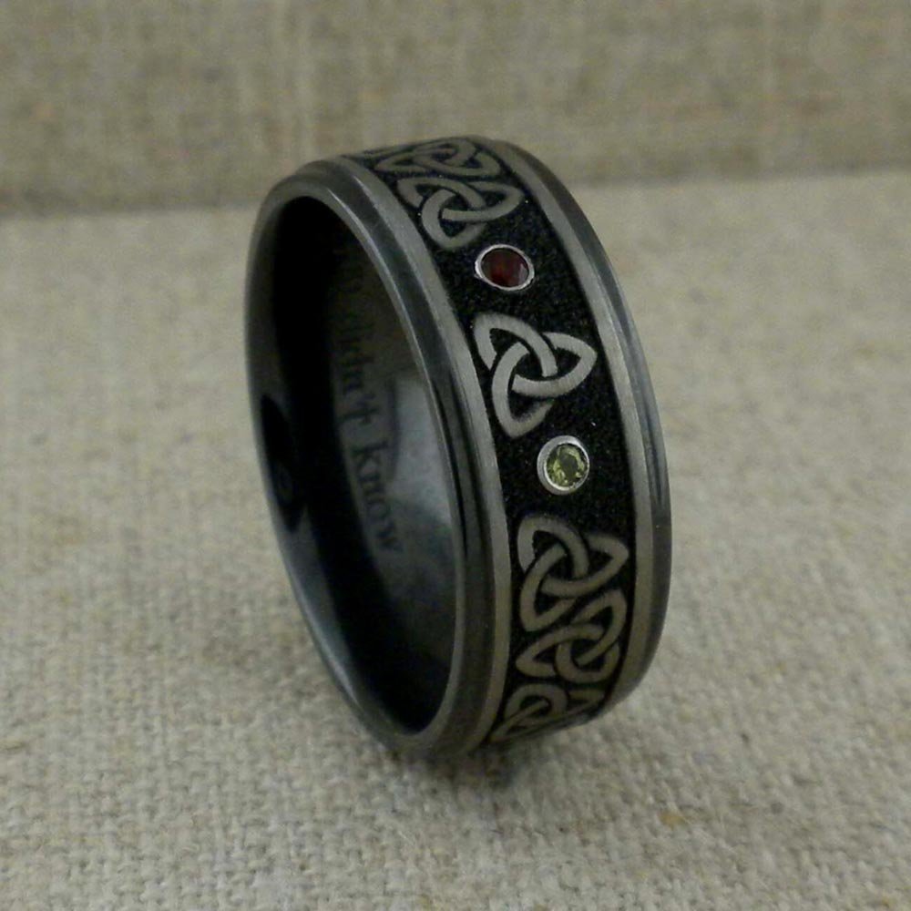 Celtic Trinity Knots with Peridots Wedding Ring in Black Zirconium