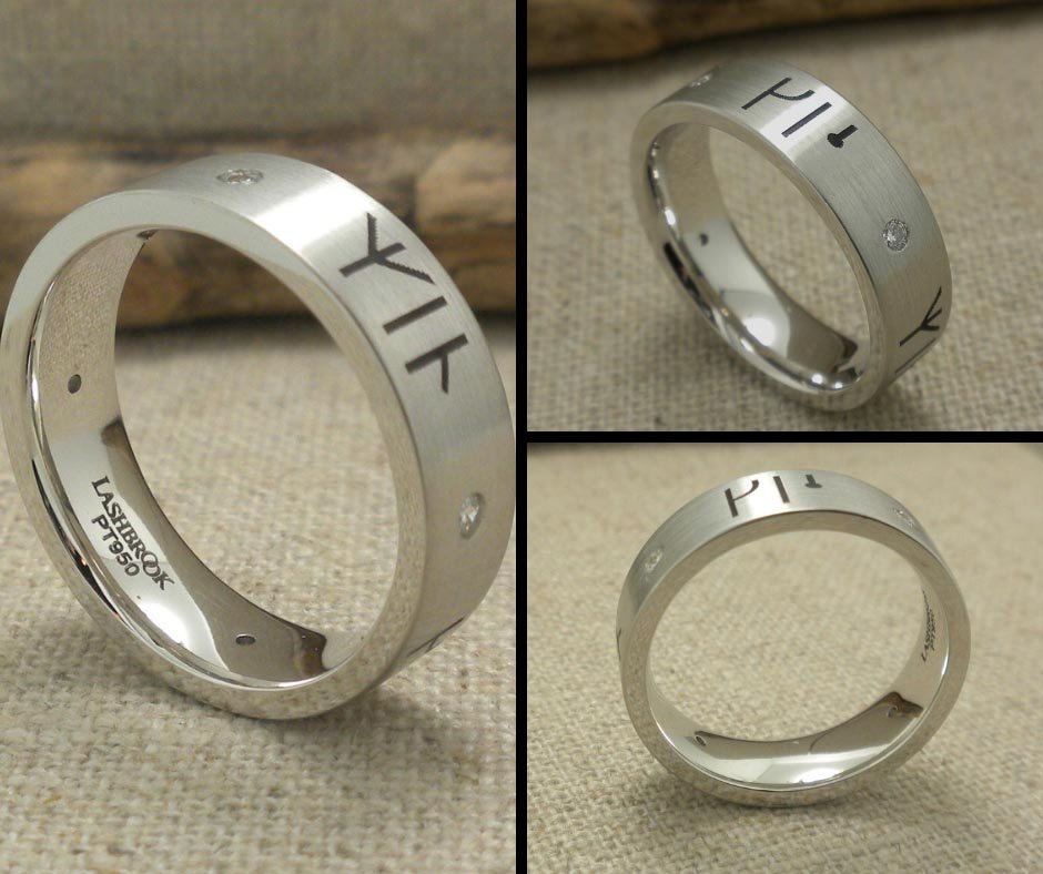 Custom Platinum Wedding Ring with Rune Design and Diamonds