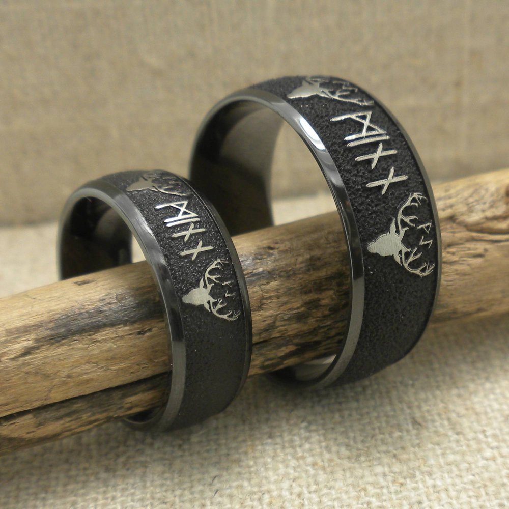 Domed Black Zirconium Custom Rung Wedding Ring with Stag