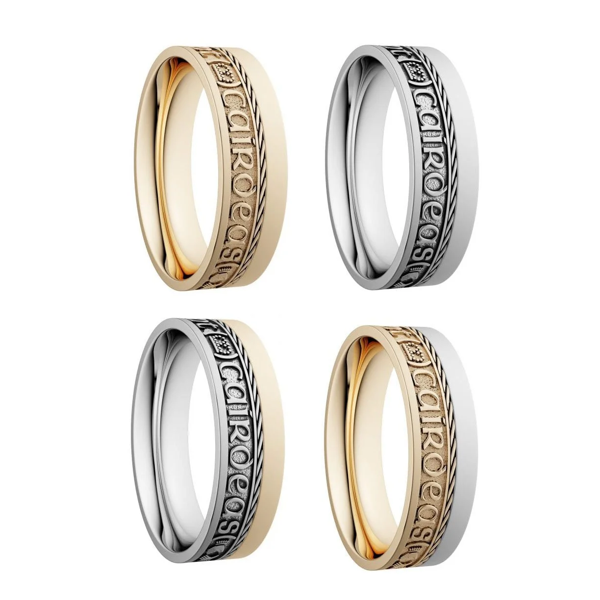 Gra, Dilseacht, Cairdeas Wedding Ring 7.2 mm with Rail Edge