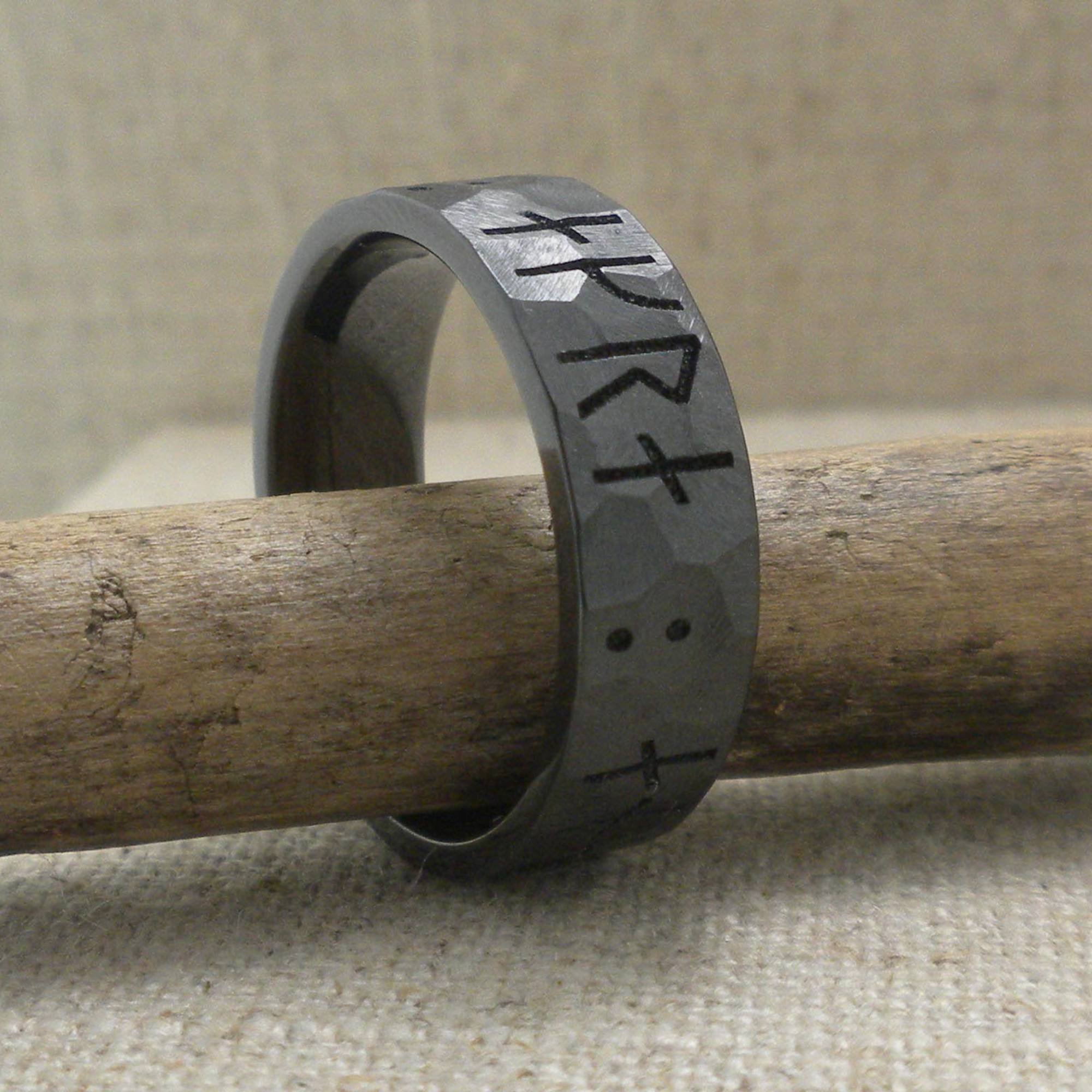 Custom Rune Wedding Ring in Black Zirconium with Rock Finish