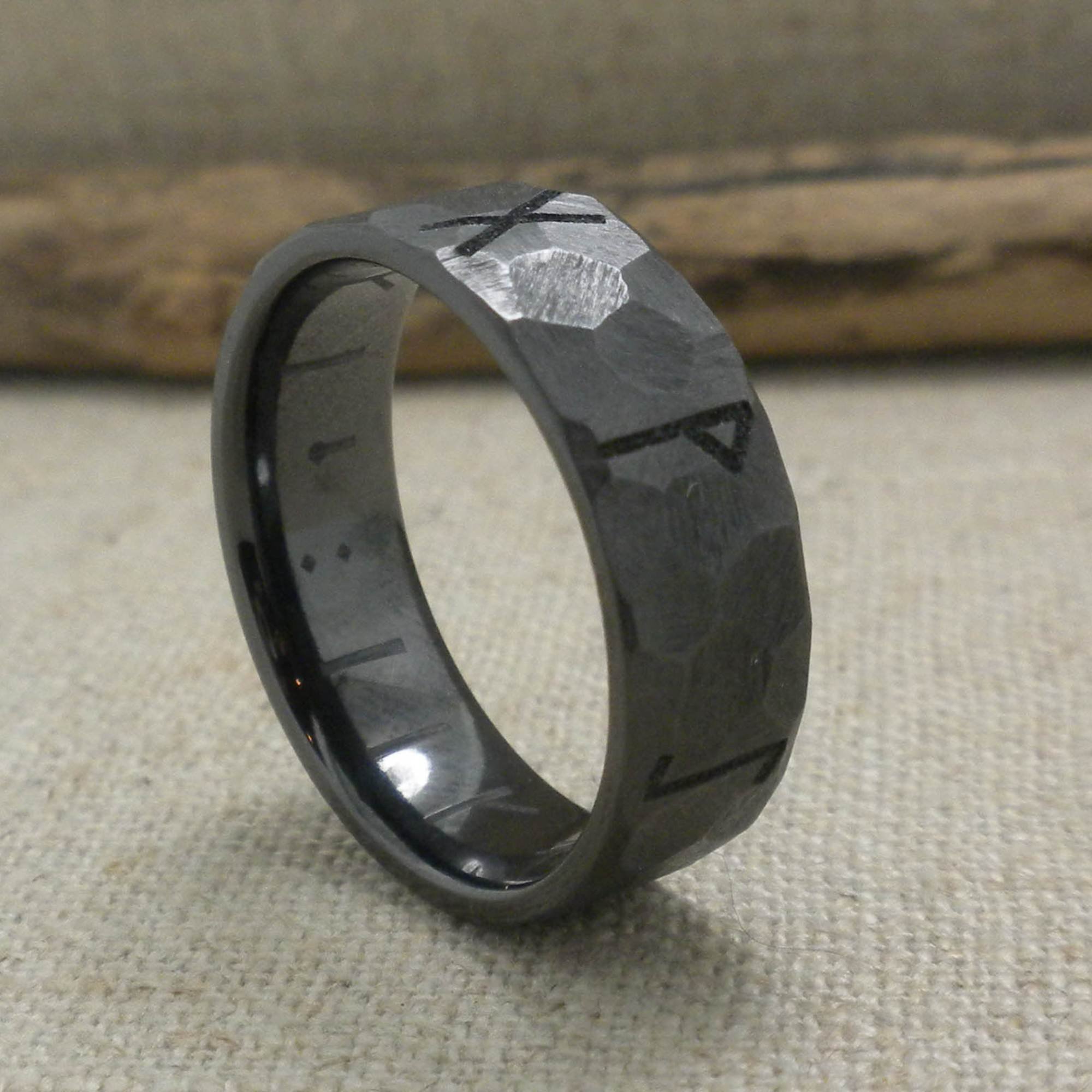 Black Zirconium Wedding Ring with Custom Runes